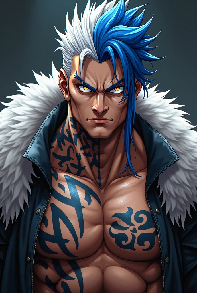 Taiju is a very tall and muscular man, with 1.95m. Her hair is blue and white and has been kept a little long., up to your neck to be more specific and stuck. Taiju is brutal and sadistic, who regularly resorts to  at the slightest provocation and has a cruel disposition towards almost everyone. He has tribal tattoos in a series of swirls on the left side of his neck down to his  and cursives further down., without any kind of beard, yellow eyes and finally He sports a crazy smile and displays one eye opening wider than the other and the vein on his forehead popping out anime style