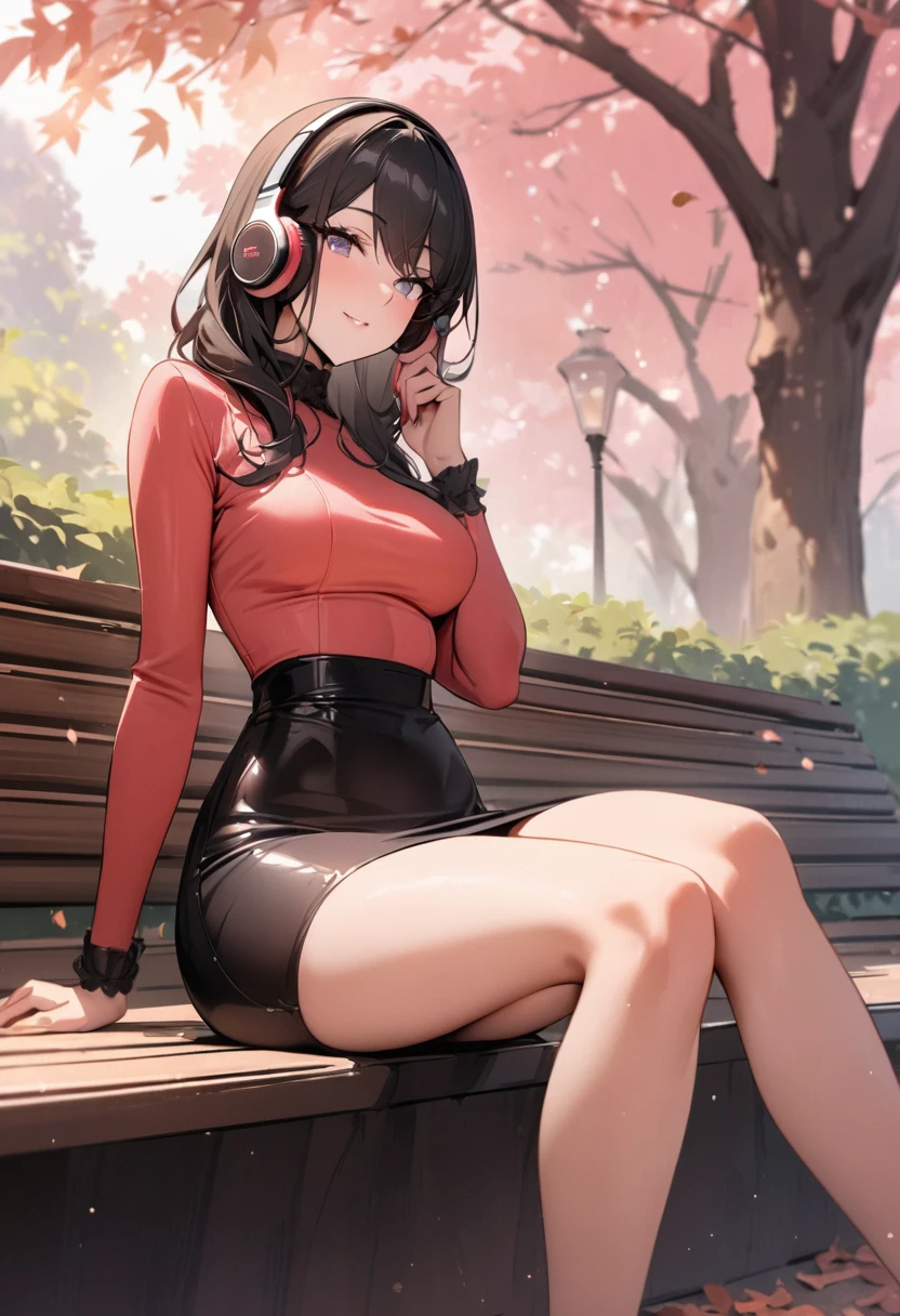 ((Top Quality)), ((Masterpiece)), ((Details)), perfect face, perfect body, fallen leaves background, sitting on a bench, listening to music, wearing headphones, wearing tight clothes, wear a tight skirt, dating, Woman with face visible, glamorous