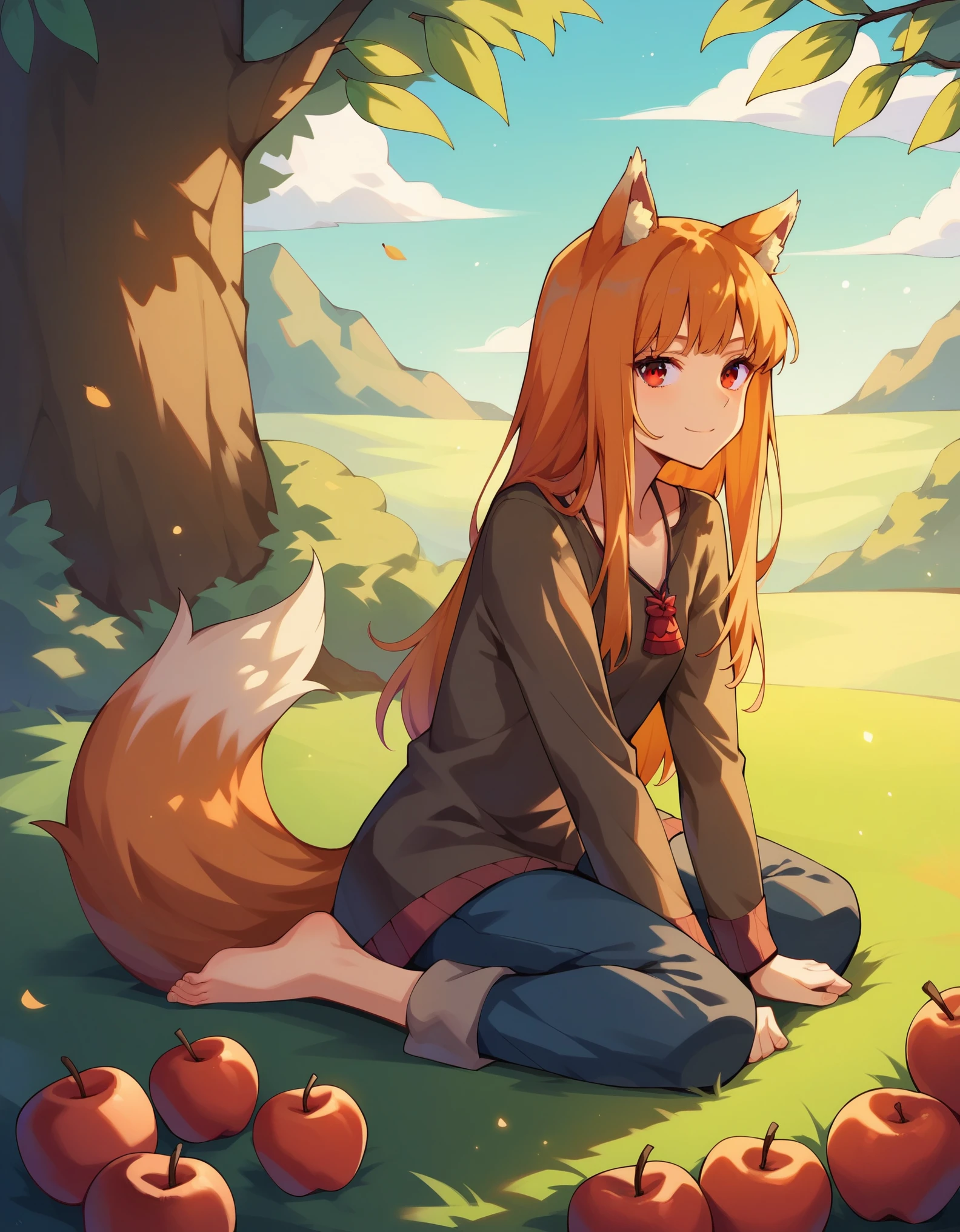 score_9, score_8_up, score_7_up, score_6_up,  holo, 1girl, wolf ears, long hair, solo, red eyes, ginger hair, wolf tail, apple, barefoot