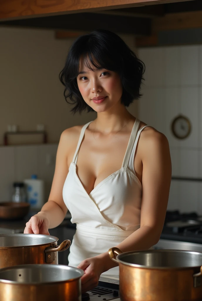 Japanese women. She was 50 years old and、Very muscular、Brown short hair。Your abs look strong。Muscular shoulders, arms and legs。whole body。The breasts are very large。A gentle smile and very pretty eyes.Very large breasts.She has sweaty skin。Wet hair。She is in the kitchen at home。Cooking utensils are lined up。The kitchen is brightly lit。The Hawaiian ocean is visible from the window.。The sun is shining through the window。She is naked、Wearing a stylish apron。The silhouette is illuminated by sunlight.。4K.HDR.recomfirm.