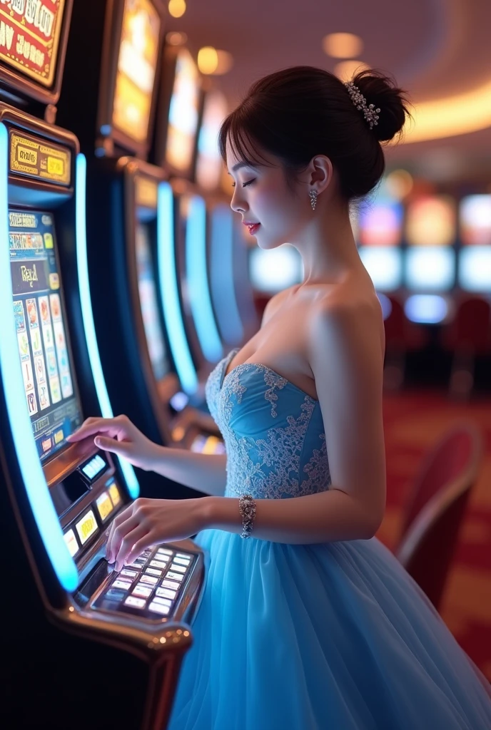 Create a gift of an elegant and Realistic Asian girl wearing a white and teal party dress while playing Slot Gambling