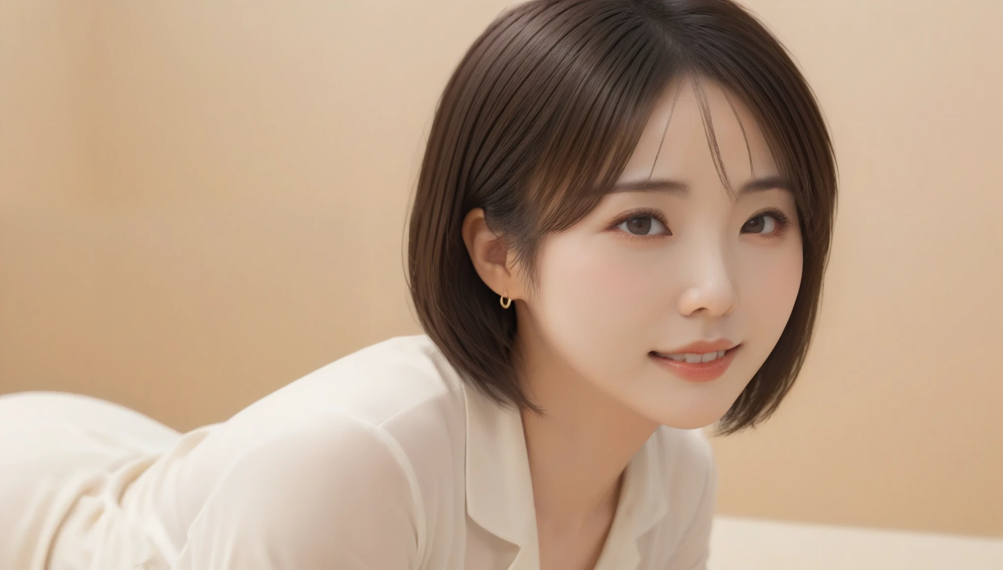 8k, RAW Photos, Best Quality, masterpiece, Realistic, photo Realistic, Clear, Professional Lighting, Beautiful Face, Best Quality,Ultra-high resolution, Realistic japanese, Very detailed, Detailed fingers, 1 Female,  Shiny Hair, Detailed Hair, Lying down、40 years old