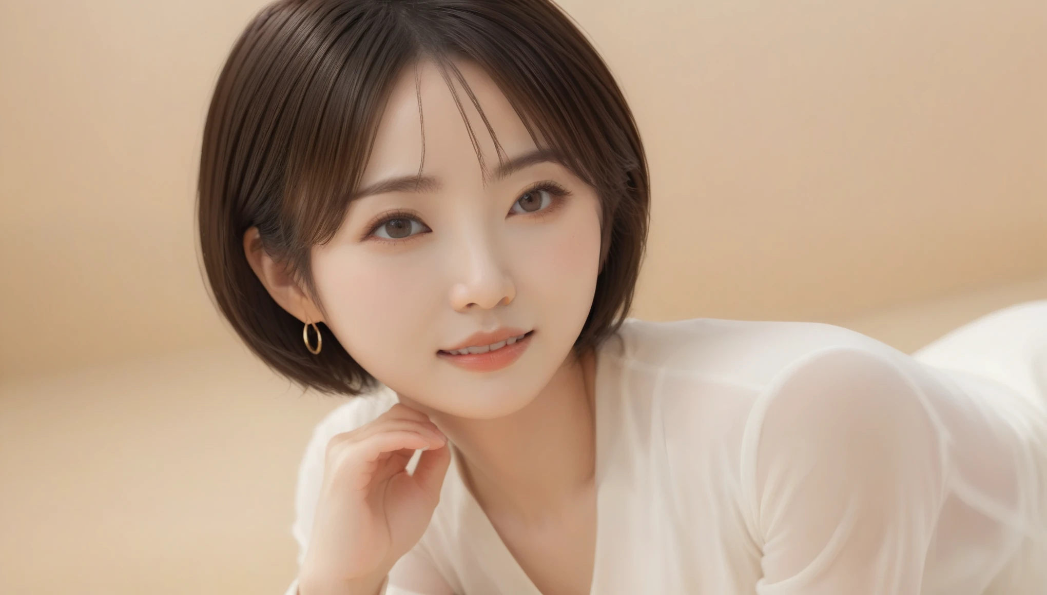 8k, RAW Photos, Best Quality, masterpiece, Realistic, photo Realistic, Clear, Professional Lighting, Beautiful Face, Best Quality,Ultra-high resolution, Realistic japanese, Very detailed, Detailed fingers, 1 Female,  Shiny Hair, Detailed Hair, Lying down、40 years old