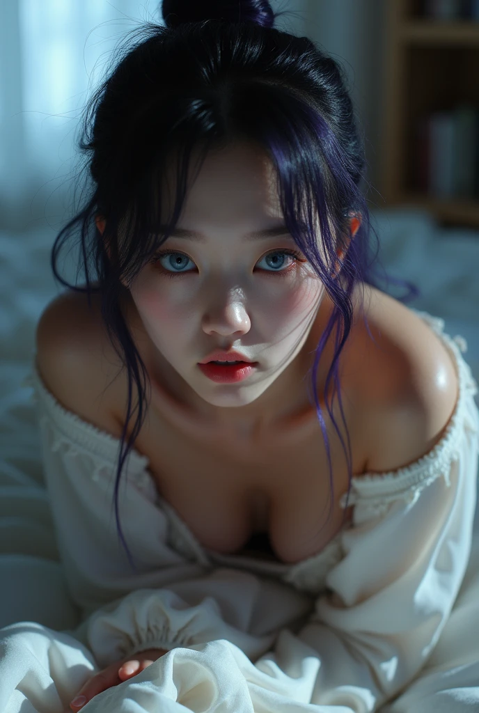 Realistic、(masterpiece、Highest quality、Highest quality、Official Art、Beautiful and aesthetic:1.2)、Very detailed、woman,people々turn black:1.2,((Backlighting:1.2)),Fractal Art、colorful、Highest detail、Tangled、(The background is bright and abstract:1.5)Silver Hair、Bright Eyes、all back、Masseter muscle area,High definition,1peopleの少女、Idol、Close-up、clavicle、picture、movie、Depth of written boundary、Jito Order、Eyes from below,Long Hair,View your viewers、Cleavage,((surrealist clothes:1.4)),Puffy eyes,Sit on,
