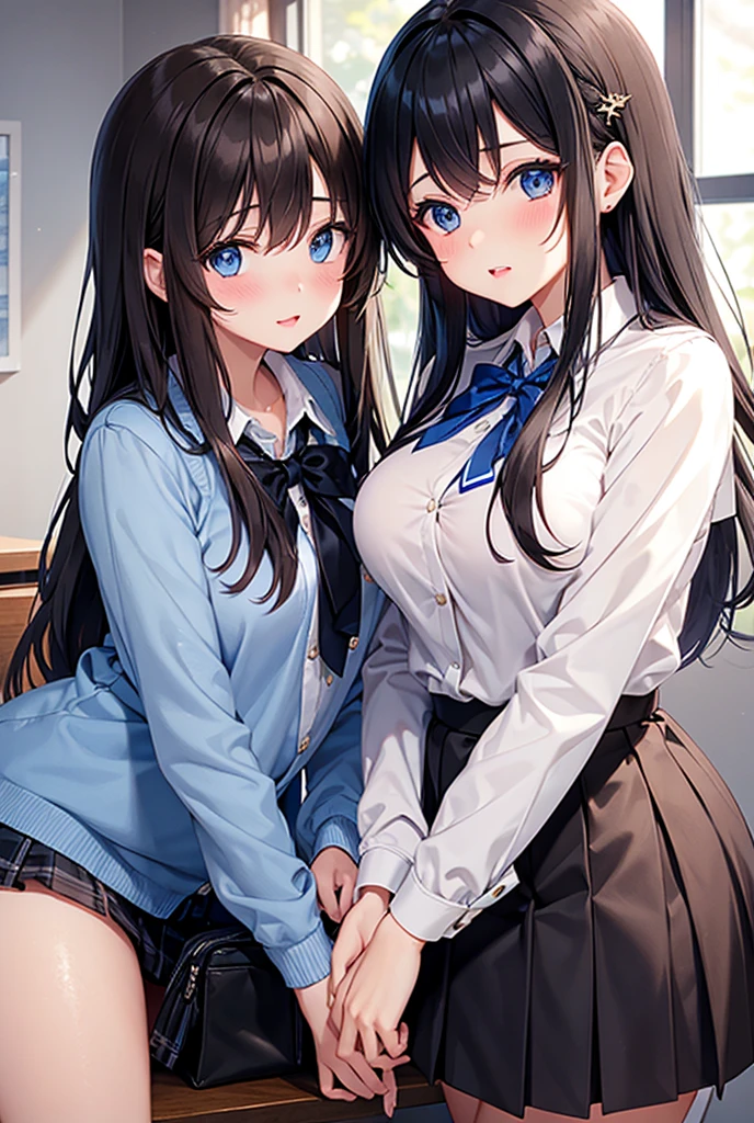 2 girls, 16K quality, lesbian couple, a silver girl brings her lips to her girlfriend's lips, blushing girlfriend, brightly eyes, beautiful eyes, school uniforms, classroom, masterpiece