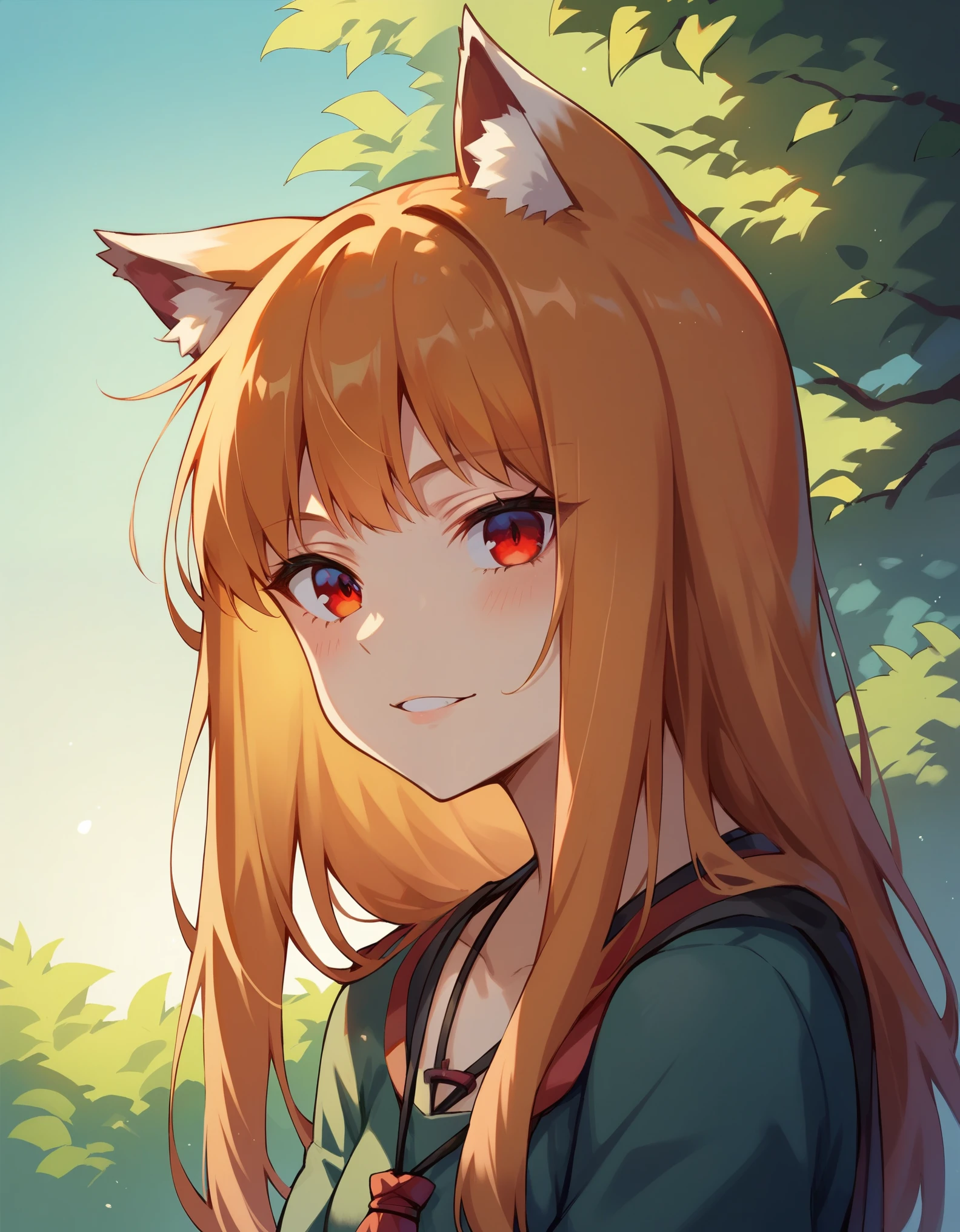 score_9, score_8_up, score_7_up, score_6_up, holo, 1girl, wolf ears, long hair, solo, red eyes, ginger hair, wolf tail,