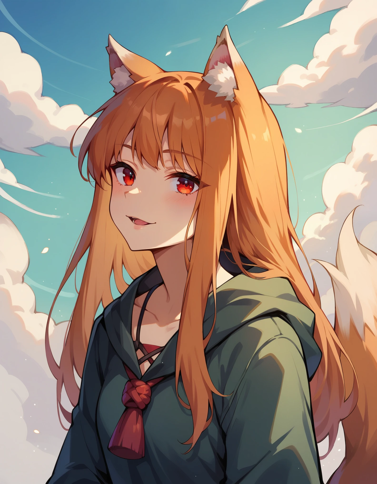 score_9, score_8_up, score_7_up, score_6_up, holo, 1girl, wolf ears, long hair, solo, red eyes, ginger hair, wolf tail,