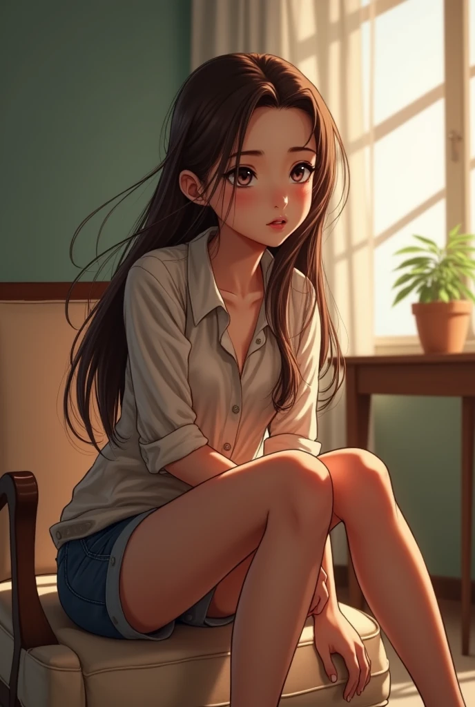 A woman peeing wearing a blouse and skirt, no panties, with her legs open, sitting on her knees on the floor, outside. Urine comes out of her vagina wetting the floor