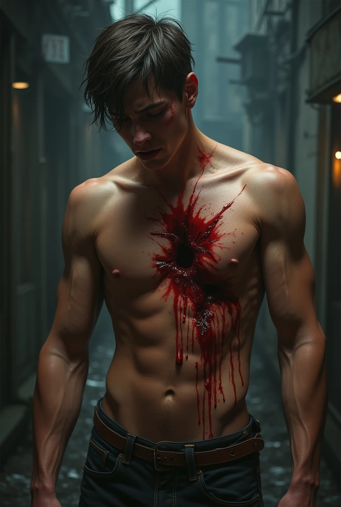 Blood everywhere on this naked male guy, with his limbs falling off and he’s super fucking bloody