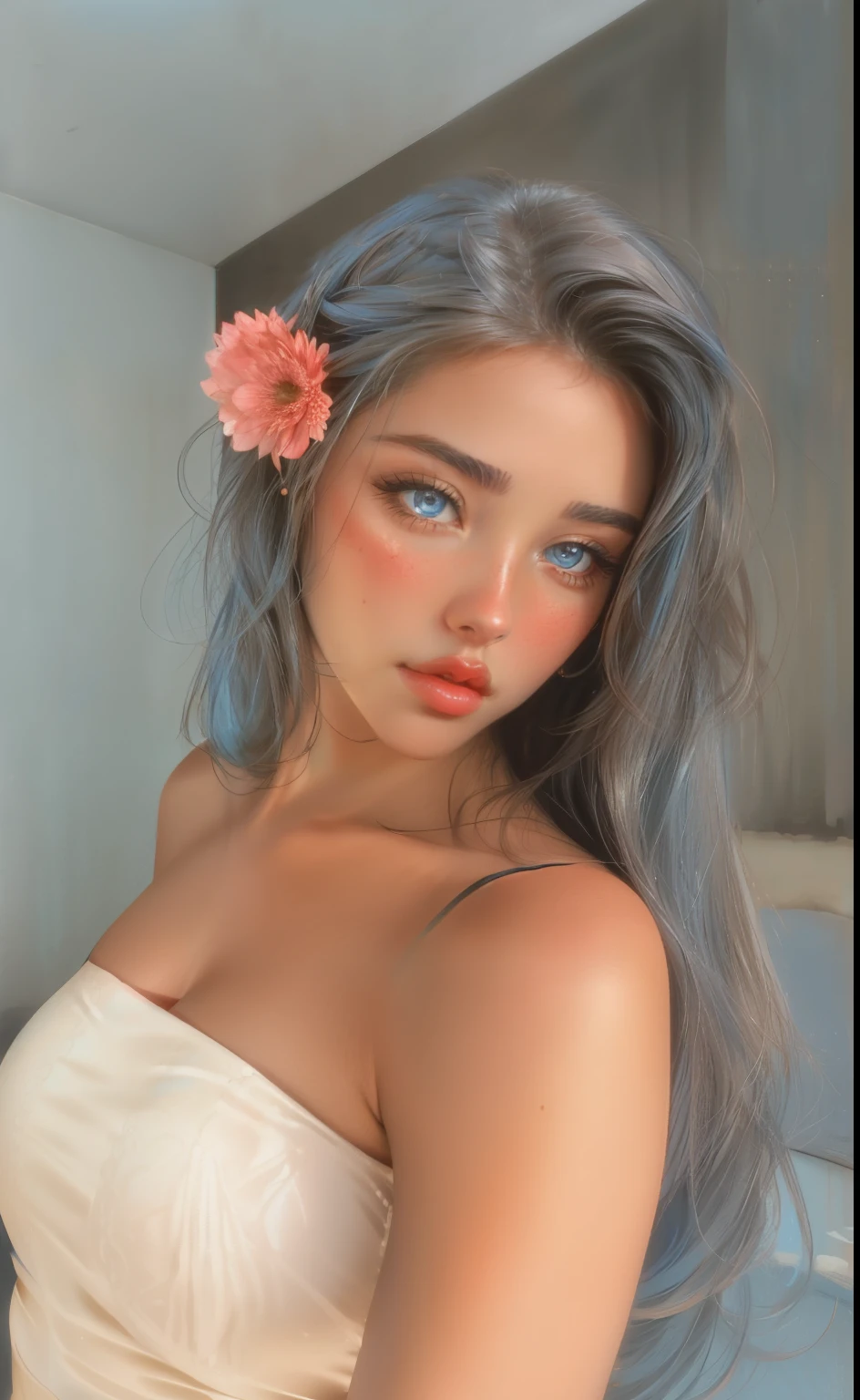 detailed woman face looking at the camera, blue eyes, hot thick red lips, mouth parted with sensuality, correct deformed fingers, photorealistic, sharpened eyes, (((eyes to the camera))) slightly smiling