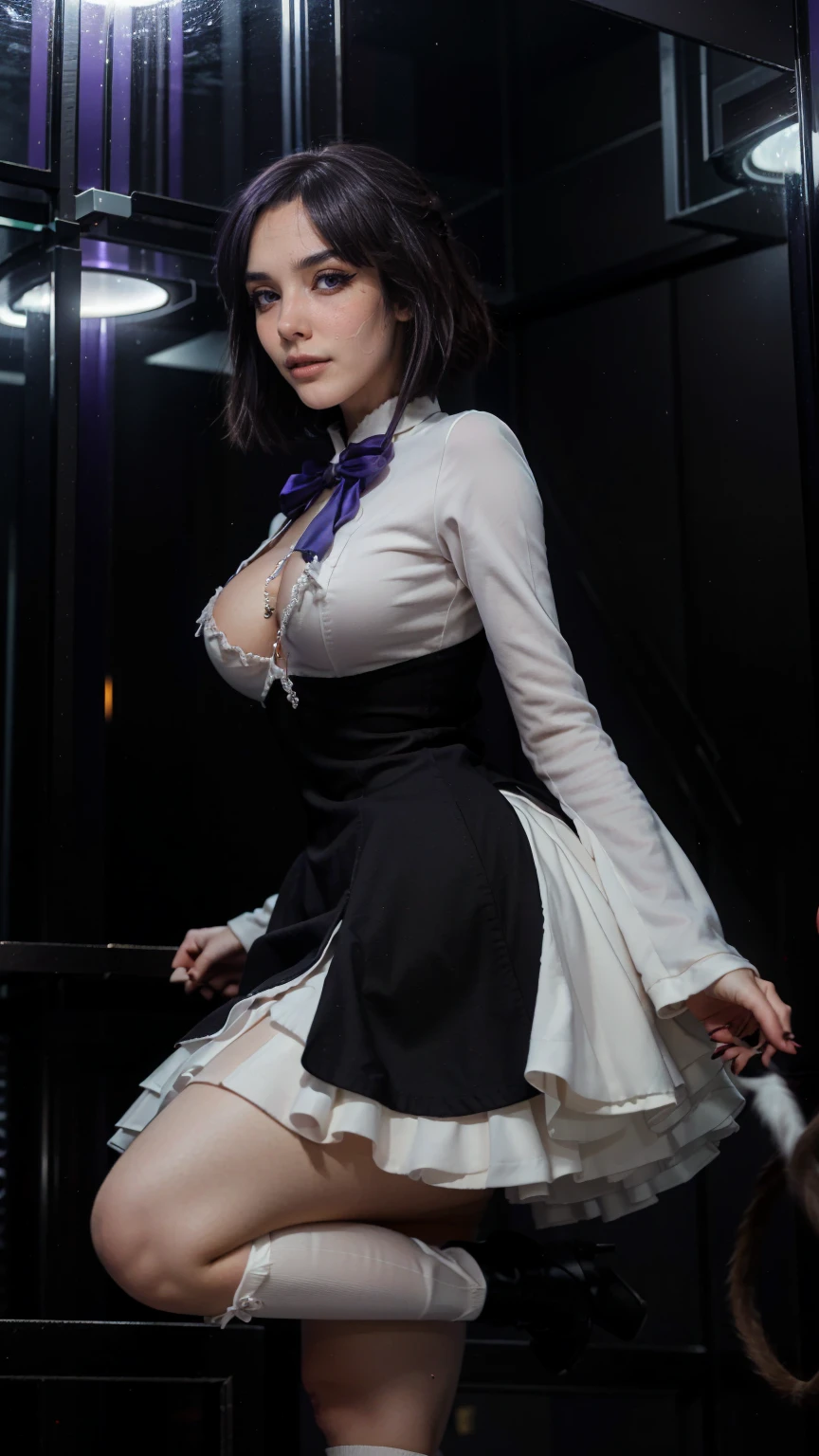 (Chica anime con pelo blanco y orejas de gato), Ruby eyes, sonrojarse, ((vestido maid ultra corto con mini falda corta)), piernas desnudas, look back, alto contraste, Rear side solar lighting, Obra maestra, Extraordinariamente agradable, Canon EOS 50mm camera.