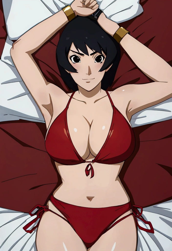 1girl(big Breast ,solo), (masterpiece, best quality:1.2), kurotsuchi，Naruto, private teacher，wearing a red bikini with gold embellishments,handcuffs,modeing in the bed , ina bedroom, (4k)


