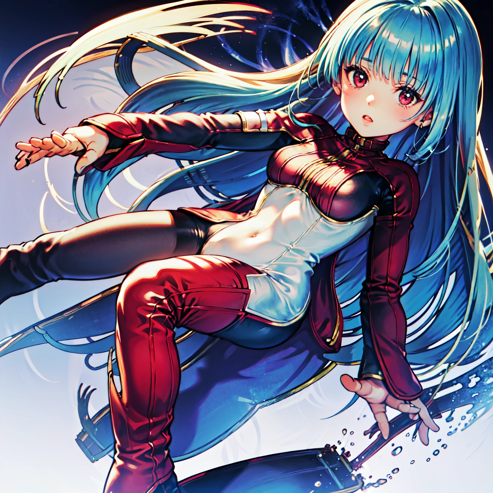 1 woman, The King of Fighters, Kula 다이아몬드, Kula, Kura, KOF, the king of fighters kula, kula diamond, medium chest,piercer, red eyes, 긴 Sky blue 머리,sky blue color hair,expressionless,cyberpunk,glowing line jacket,bodysuit,Mecha style prosthetic hand, 보라빛 bodysuit, Focus on face in tight clothing,face close up,from the side,looking at viewer, perfect face, (complete anatomy, anatomically correct), cute and symmetrical face, *********, A face with beautiful details, beautiful details, beautiful collarbone, beautiful body, beautiful breasts, beautiful thighs, beautiful feet, beautiful fingers, cold chill, multi color gradient,Sky blue,blue,White,shiny, deep digital painting layer,soft ambient lighting,vivid colors,fluid watercolor technique, (absurd, inc빨간색ibly absurd, Add layer, panoramic view:1.2),Super cute, very beautiful,beautiful background,realistic background,realistic photo,Very detailed, slim, movie lights, girl, erotic mood, long straight hair, beautiful face, imouto,normal chest