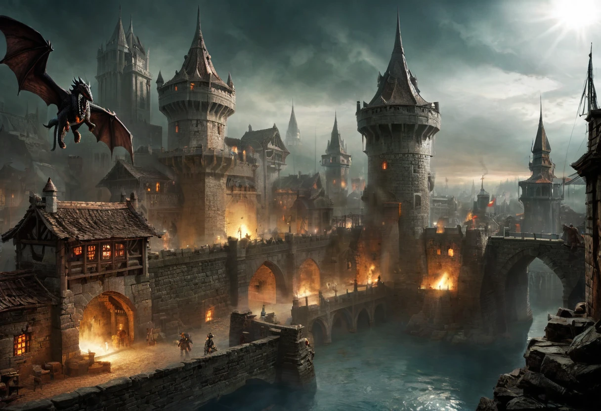 Real story based on the game "dungeons & dragons", epic fortress, tower, dragon and heroes, epic battle, magical artifacts, magic sword, Real photography, cinematic frame, Action scene, digitally manipulated frames, computer graphic effects, Digital art, masterpiece, Real, actual, existing somewhere in another world