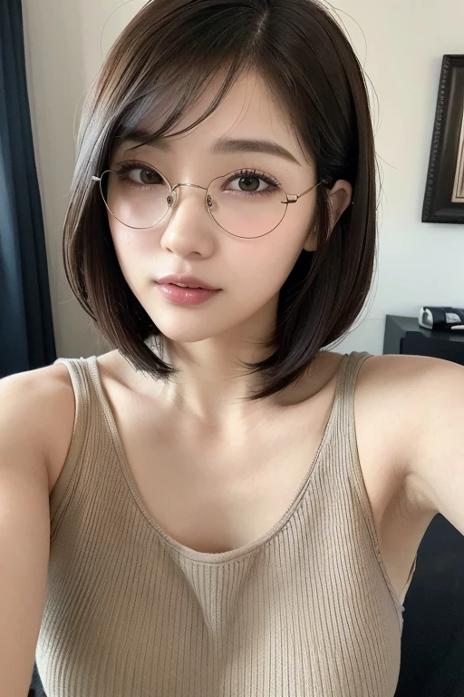 ((masterpiece, Best Quality, Illustration, Ultra-detailed, finely detail, hight resolution, 32K Wallpaper, Perfect dynamic composition,)), Japanese cute mature,incredibly detailed face, incredibly detailed beautiful and small downtuned cut eyes,(wide and thin lips),upward glance,glasses,tall hooked nose,(wide oval face shape),(Natural looking makeup),,bed,dusky room,moody lights,(unkempt bobcut),loungewear,((selfie)),laugh,((Realistic)), ((photo Realistic)),