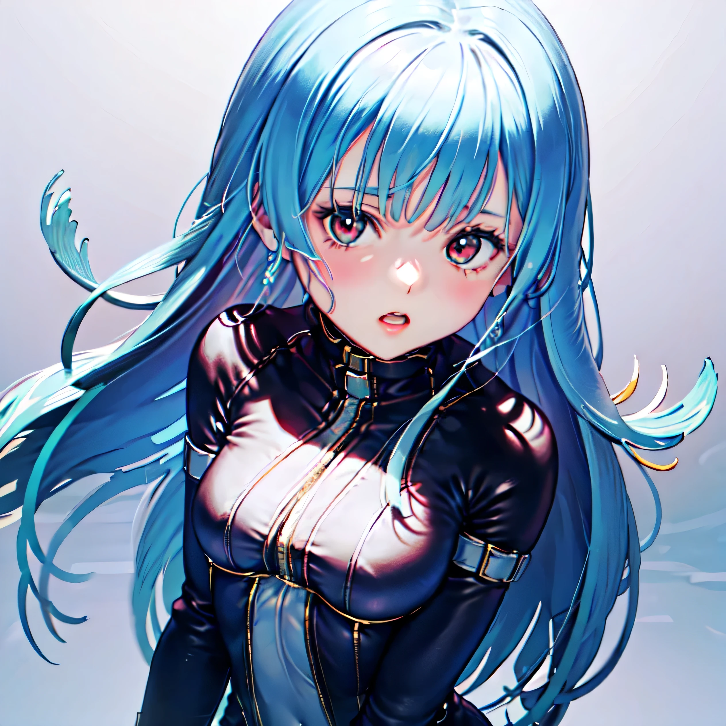 1 woman, The King of Fighters, Kula 다이아몬드, Kula, Kura, KOF, the king of fighters kula, kula diamond, medium chest,piercer, red eyes, 긴 Sky blue 머리,sky blue color hair,expressionless,cyberpunk,glowing line jacket,bodysuit,Mecha style prosthetic hand, 보라빛 bodysuit, Focus on face in tight clothing,face close up,from the side,looking at viewer, perfect face, (complete anatomy, anatomically correct), cute and symmetrical face, , A face with beautiful details, beautiful details, beautiful collarbone, beautiful body, beautiful breasts, beautiful thighs, beautiful feet, beautiful fingers, cold chill, multi color gradient,Sky blue,blue,White,shiny, deep digital painting layer,soft ambient lighting,vivid colors,fluid watercolor technique, (absurd, inc빨간색ibly absurd, Add layer, panoramic view:1.2),Super cute, very beautiful,beautiful background,realistic background,realistic photo,Very detailed, slim, movie lights, girl, erotic mood, long straight hair, beautiful face, imouto,normal chest