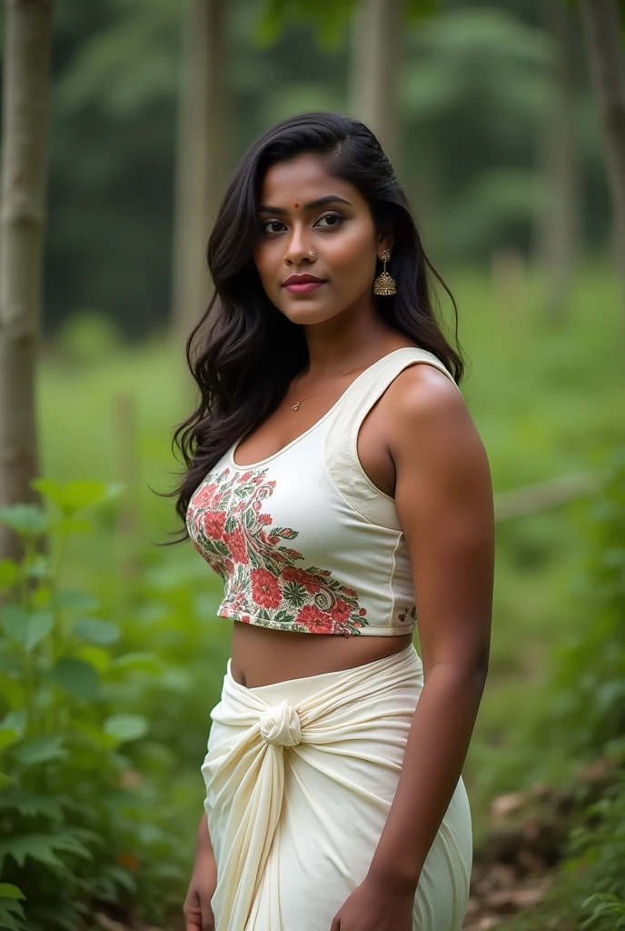 A very beautiful fair sexy indian woman wearing small blouse and peticoat holding a banana