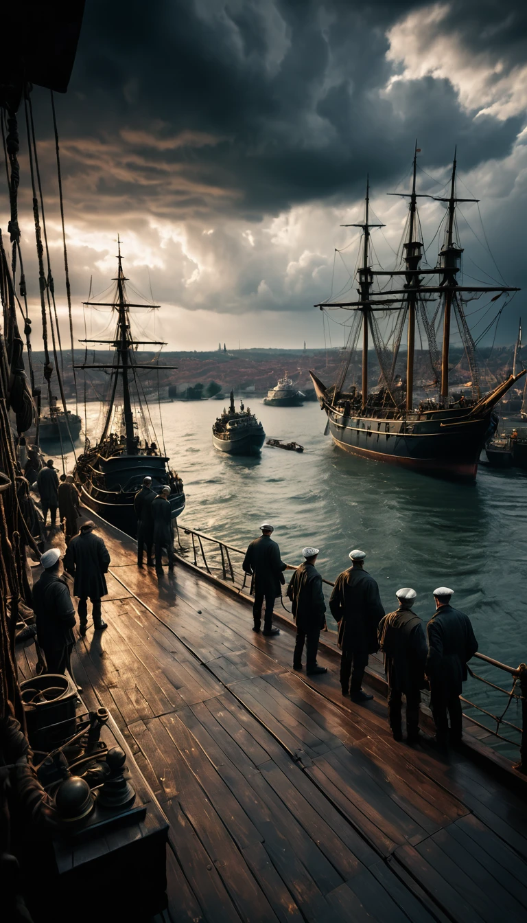 Draw a harbor scene with ships, arriving from the Black Sea, under ominous clouds, and sick crew members, lying on the decks, фон cinematic, hyperrealistic, ultra detailed hyperrealistic, Photorealistic, studio lighting, reflections, dynamic pose, cinematic, historical accuracy, color correction, photo, shot with 50mm lens, ultra wide angle, depth of field, hyper-detailed, beautiful color, 8 k