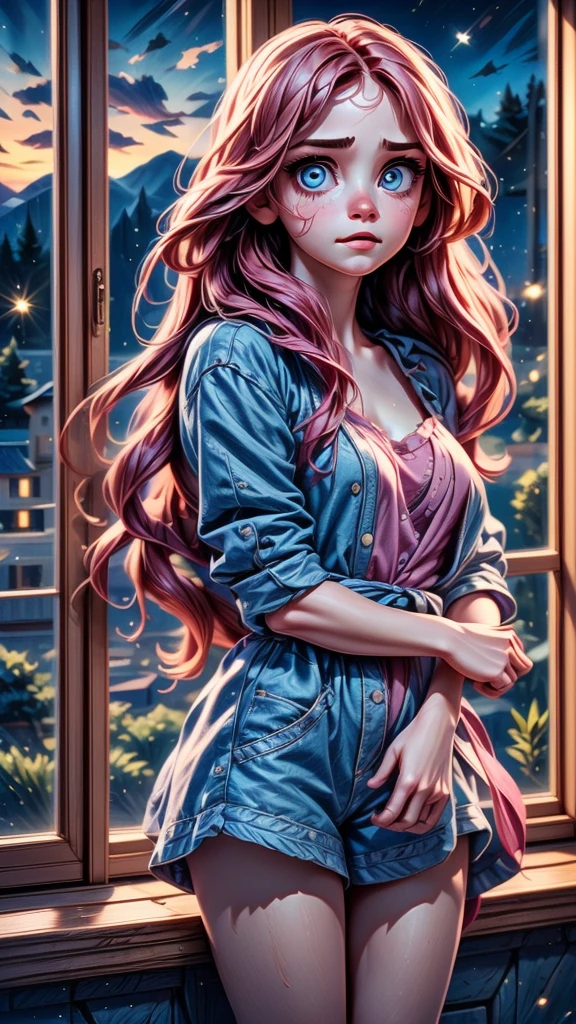 a sad girl standing at the window, beautiful countryside landscape outside the window, summer's end, detailed face and eyes, long hair, melancholy expression, soft lighting, warm color tones, cinematic composition, 8k, high quality, photorealistic, masterpiece