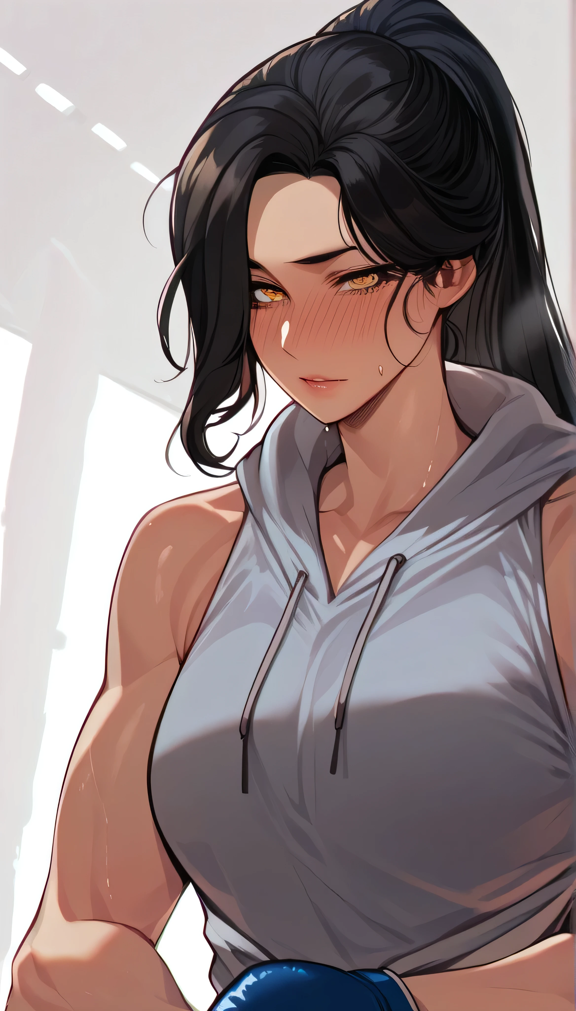 black hair,masterpiece,best quality,highres,ultra-detailed,aashizue,yellow eyes,long hair,(sleeveless hoodie:1.2), boxing gloves, toned, sweating, (sleeveless:1.4)