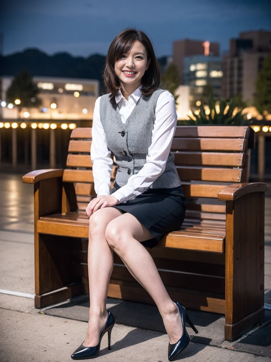 Best Quality, masterpiece, Realistic, High resolution, [8K RAW Photos,Alone, 1 person, Medium length hair、Sitting on a bench、Slim figure、Spread your legs wide、Look away、Grin,High heels、skirt、((Midnight:1.5))、Shooting with flash、Company uniform