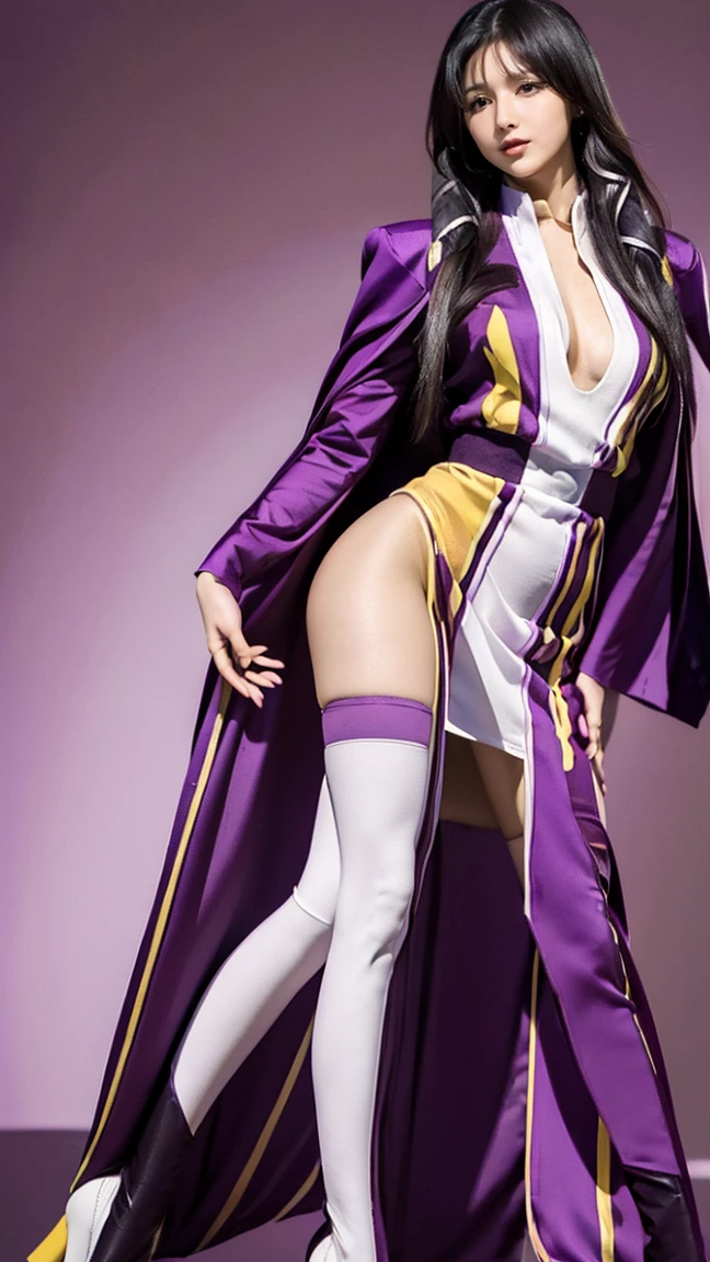 (masterpiece), best quality, expressive eyes, perfect face, solo woman, dance posing,  cold eyes, smile warm, sad face, fasalina, long purple dress, boots, purple robe thin, front double braids, full dress, milf, Fasalina, slim body woman, long black hair, tall body,  blend yellow eye, yellow eyes, She wears a purple uniform consisting of a low-cut long sleeved robes, white thigh high boots, full body, She also wears a dark purple cloak, tight dress, married, Fasalina, purple dress, side Slit, cleavage, thighs, thighs high, Kneehighs, shoes, boots footwear