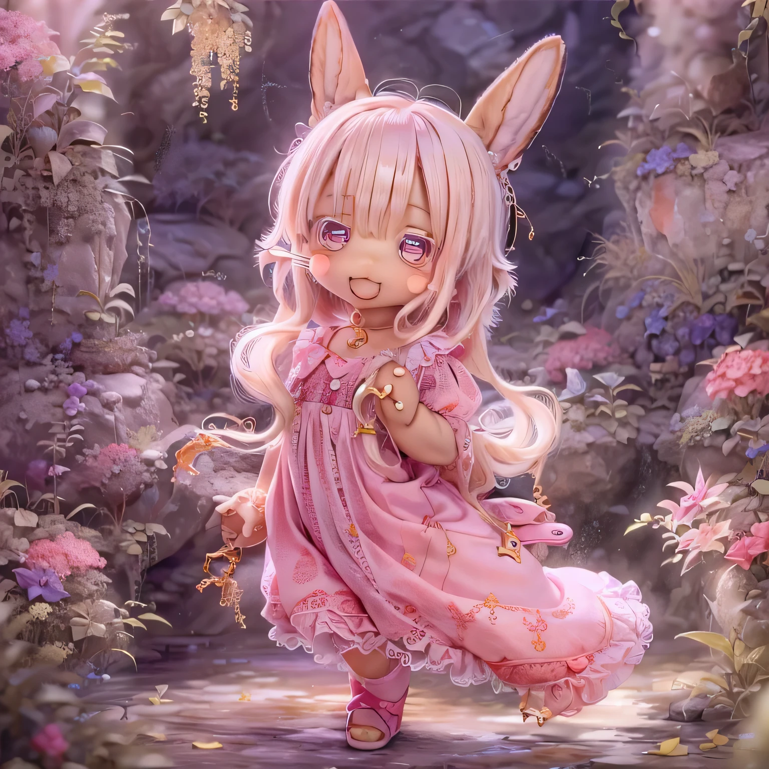 In the garden, smile, Similar to Nanachi from Made in Abyss. She is beautiful, Beautiful eyes and lips.  (((Chibi Style,))) . Image quality is excellent, Highly detailed and realistic features. The medium of this work is、Combining illustration and photorealistic rendering.. The colors are vivid、The lighting creates a warm and bright atmosphere。 whole body(((((Cute pink dress)))))Contrasting cute poses