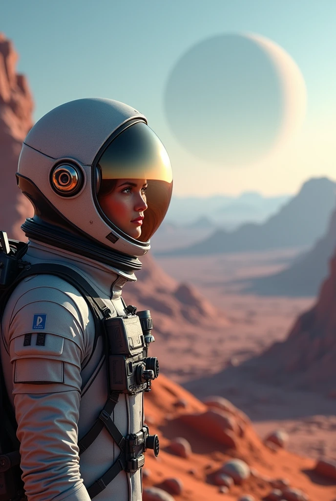 The astronaut is observing the planet's horizon, that stretches across a vast panorama with unusual colors and intriguing planetary structures. The image captures the astronaut's reflection on the new discovery and the potential for new adventures..