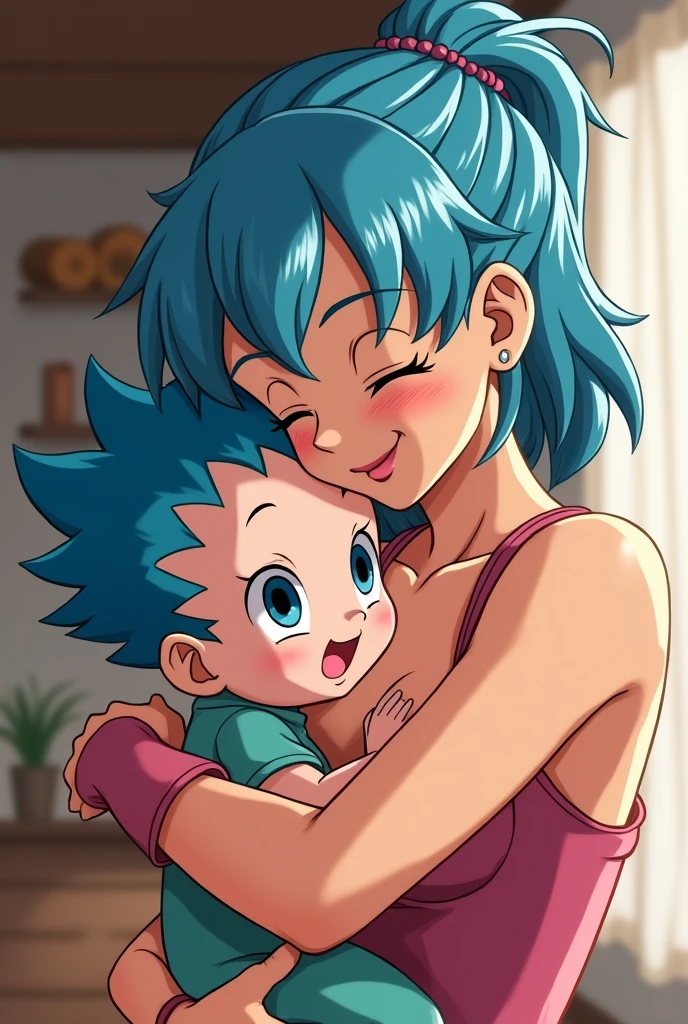 Bulma hugging baby goku