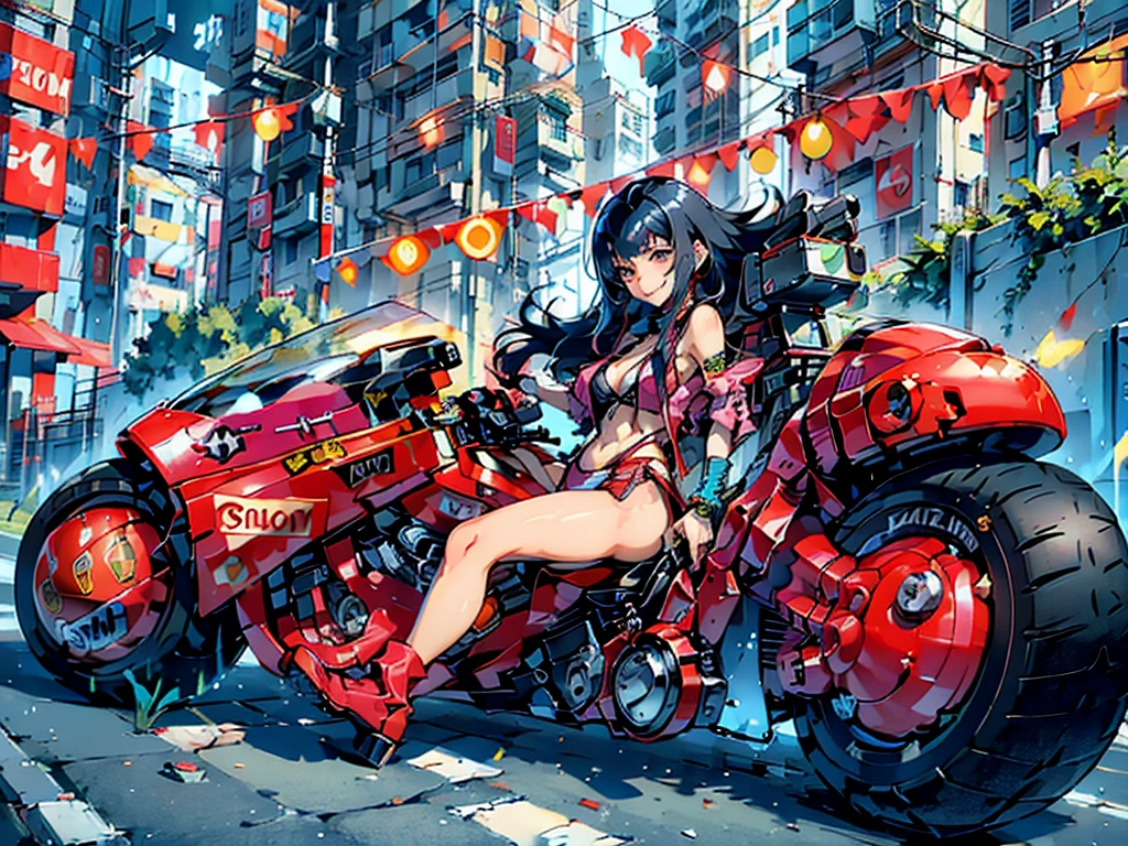 woman、Early 20s、Cyberpunk、Wicked Smile、Black Hair、Long Hair、Multicolored Hair、Purple Eyes、Bust Up、sexy、sexyなポーズ、Tight combat suit、Riding a yellow bike、night、R-18