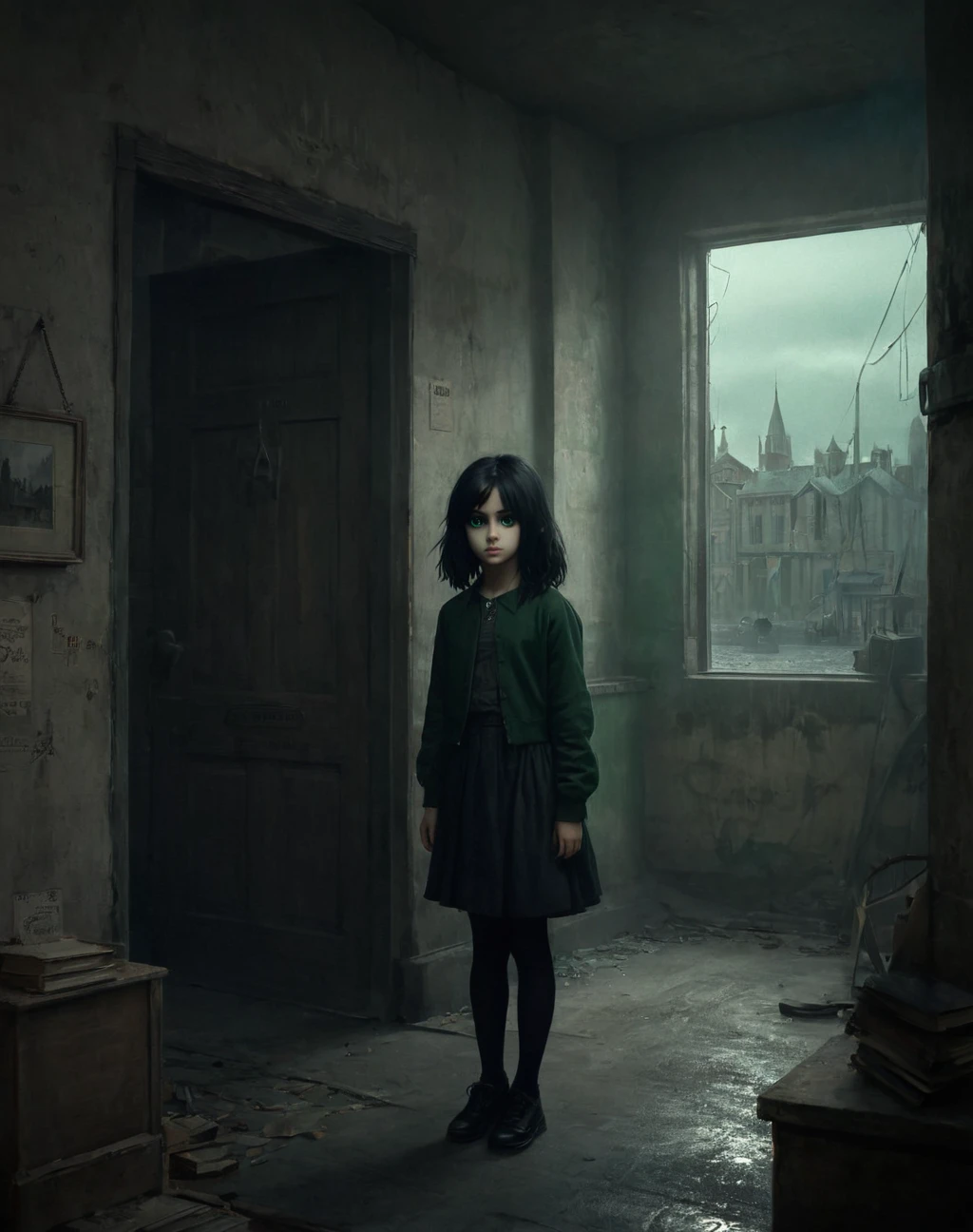 Night room, dark room, completely darkened room, tv on, dusky, grainy, eerie environment. creepypasta is a scary entity in the form of a Severus snape's daughter, ,Solo, 11 yo girl, green eyes, black hair ,with very big eyes, a very sad sad look, perfect eyes, the best quality. gritty urban street art, dark character. in the style of frank frazetta, aykut aydogdu, pino daeni, charlie bowett, albert joseph penaud, ray caesar, tetsuya ishida. zdzislaw beksinski.
