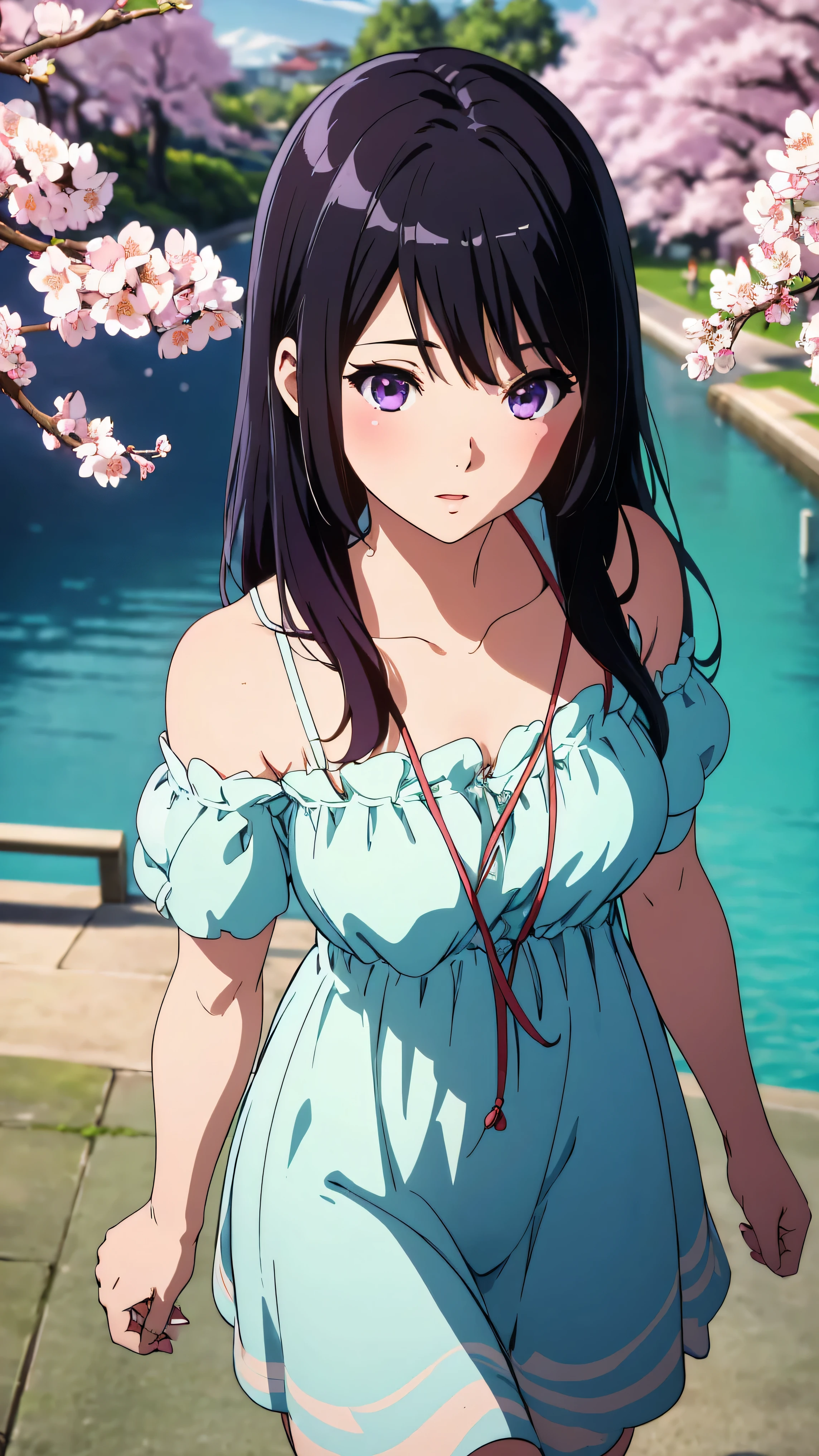 (top quality, 4K, a high resolution, masterpiece:1.2, Ultra image detail),  View from above,   one girl,  black hair, long hair, purple eyes, Ultra detailed eyes, blush, bangs, Ultra detailed lips, A happy expression on his face, Barefoot,    Beautiful Blue dress, Dress Before hips, Naked shoulders, Cleavage,   Background((Sakura Fubuki)falling cherry blossoms、A cherry tree,a beautiful park, a square、Cherry Meadow and the Wind))