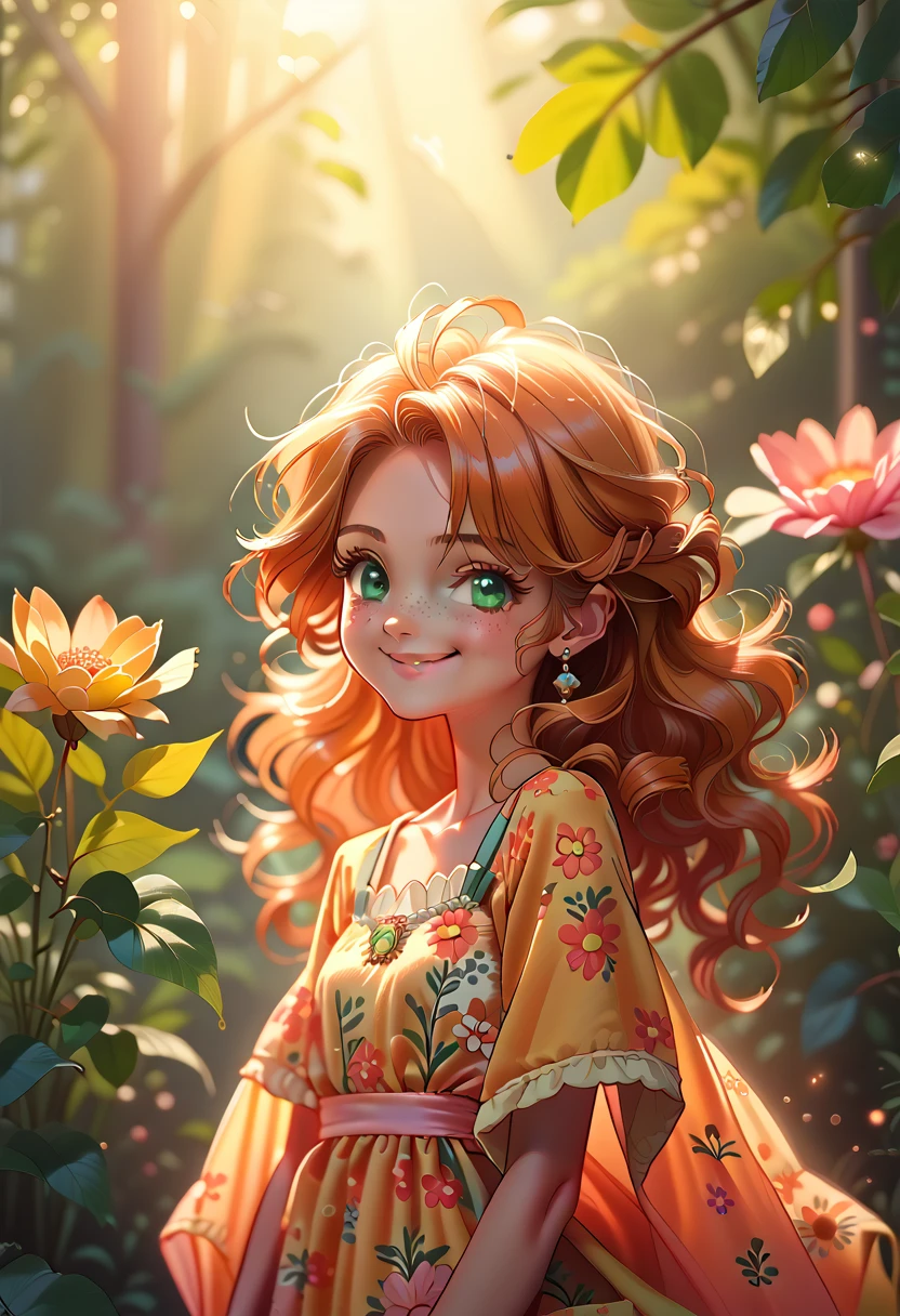 masterpiece portrait of a woman in Montreal at dawn, long hair, cute orange curly hair, smile, green eyes, freckles, floral print, dress, dawn, neon, rays of light, caustic, lens reflection, ((One)), Ishmael_limbo