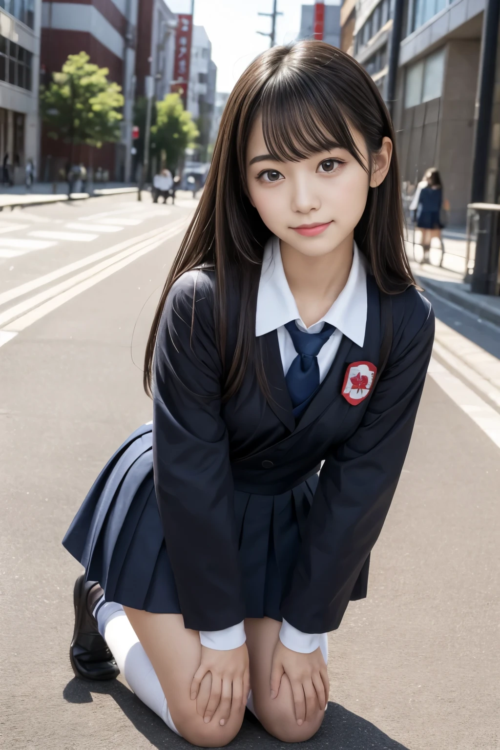 (Masterpiece、High image quality、high quality),(Japanese women、High school girls、)、Slim and beautiful figure, sexy, (Accurate anatomy,Beautiful body)、, Put your hands forward from both feet, Place both feet inside the loop, Quite embarrassing, Beautiful legs, Tight Skirt, 90 degree knee, Heel to the ground, Hands in front of feet, Hold my feet, Kneel, paved, RAW Photos, In 8K, 最high quality, Ultra-high resolution, Beautiful face details, Real human skin, Gentle expression, Front View, Angle from below, Long Hair, Realistic, Realistic, cute, Short skirt, Lurking deep in the city, cute女子高生, (Japanese school girl uniform, Wearing a Japanese uniform), smile, Surreal school girl, Full Body Esbian,
