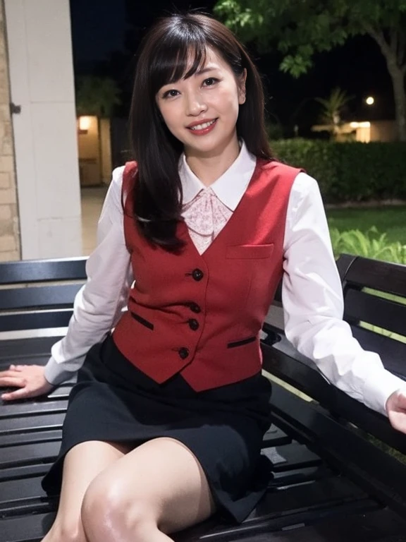 Best Quality, masterpiece, Realistic, High resolution, [8K RAW Photos,Alone, 1 person, Medium length hair、Sitting on a bench、Slim figure、Spread your legs wide、Look away、Grin,High heels、skirt、((Midnight:1.5))、Shooting with flash、Company uniform