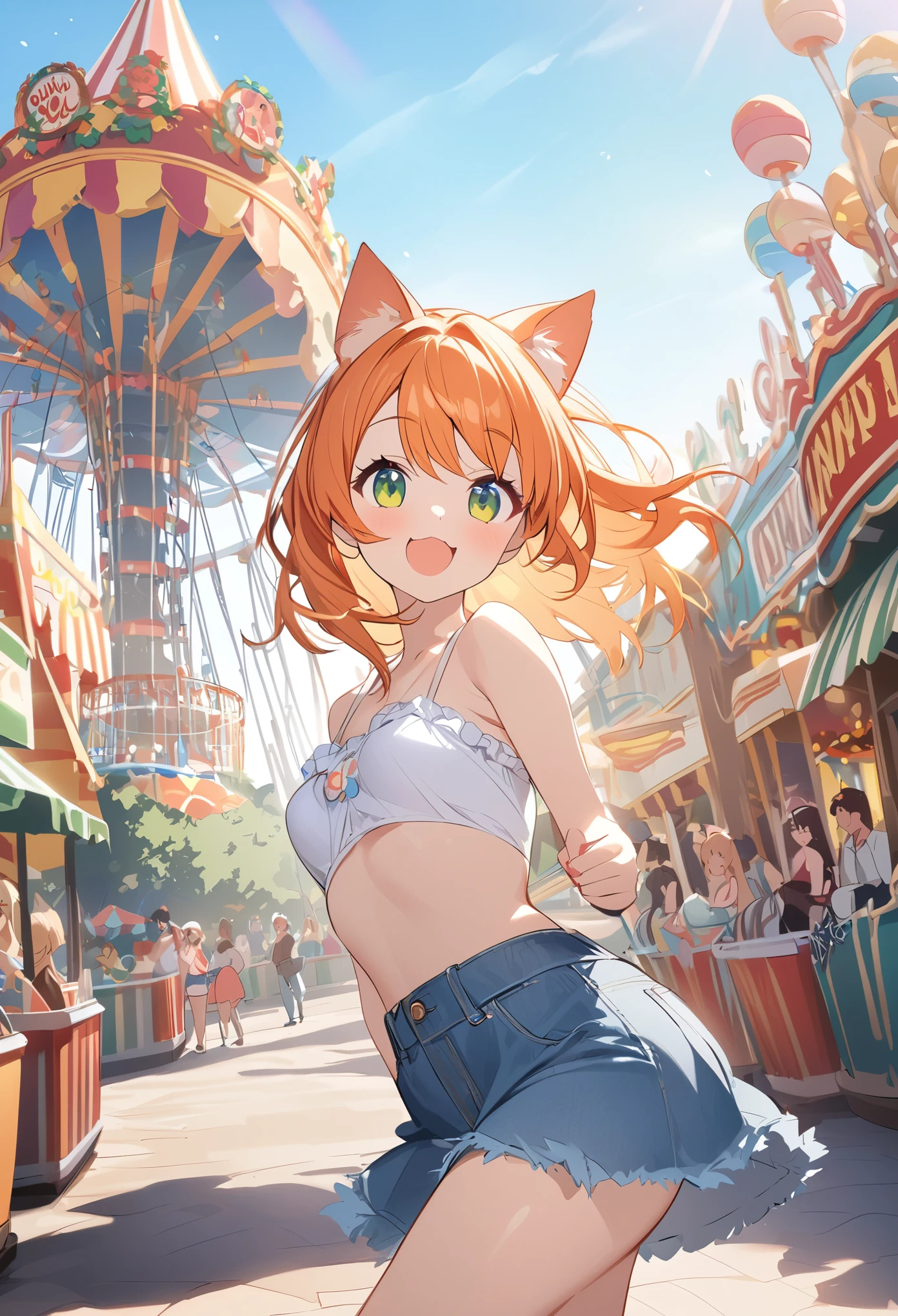 Young girl、Very cute、small、Firm breasts、Denim skirt、Orange Hair、High quality backgrounds、amusement park、Cheerful attitude、Cat ears、Cat&#39;s tail、An innocent smile