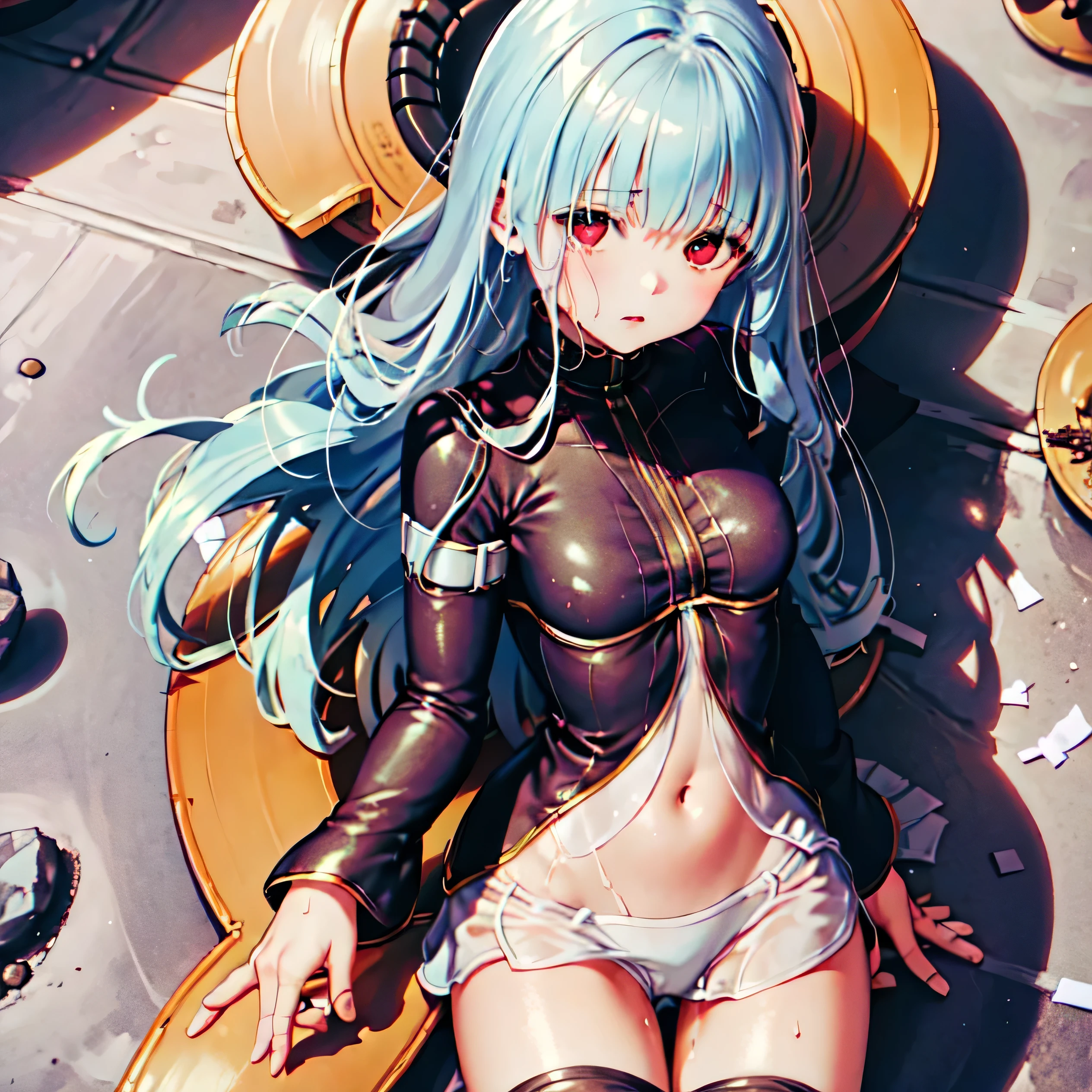 1 woman, The King of Fighters, Kula 다이아몬드, Kula, Kura, KOF, the king of fighters kula, kula diamond, medium chest,piercer, red eyes, 긴 Sky blue 머리,sky blue color hair,expressionless,cyberpunk, The whole body is covered in oil.It has a glossy finish A large amount of rolled up tissue paper, There are a lot of wrinkled parts., dirty toilet paper on the floor, My face sweats a lot.,sweat dripping,sitting on a dirty bed, Dirty blanket with golden stains dirty old gym mat ,Gym warehouse, There is a lot of dried tissue paper on the floor. , There is trash everywhere., very dirty gym mat, flea pit, scary i will cry embarrassing dimly lit room wood floor scattered roll tissue paper Sailor suit with upper body only, School swimsuit for lower body inner swimsuit high school student illustration style animation style small lips scared face Beautiful girl very cute clothes cheek pin, Wet and see-through pearl white silk tights white super long boots big eyes droopy eyes Solemn expression Shocking Pink Rouge sweat a lot crushed tissue paper My whole body is wet from the rain. Mucus sticks all over the body. Steam comes out of the whole body Steam rises all over the screen.. white breath sigh The whole body is covered in oil. dinner Sunset sunshine, Super cute, very beautiful,beautiful background,realistic background,realistic photo,Very detailed, slim,