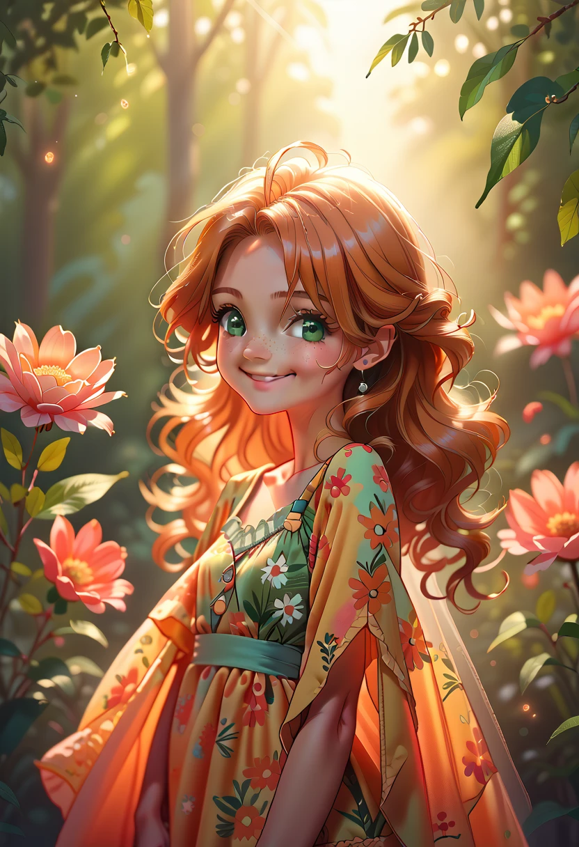 masterpiece portrait of a woman in Montreal at dawn, long hair, cute orange curly hair, smile, green eyes, freckles, floral print, dress, dawn, neon, rays of light, caustic, lens reflection, ((One)), Ishmael_limbo