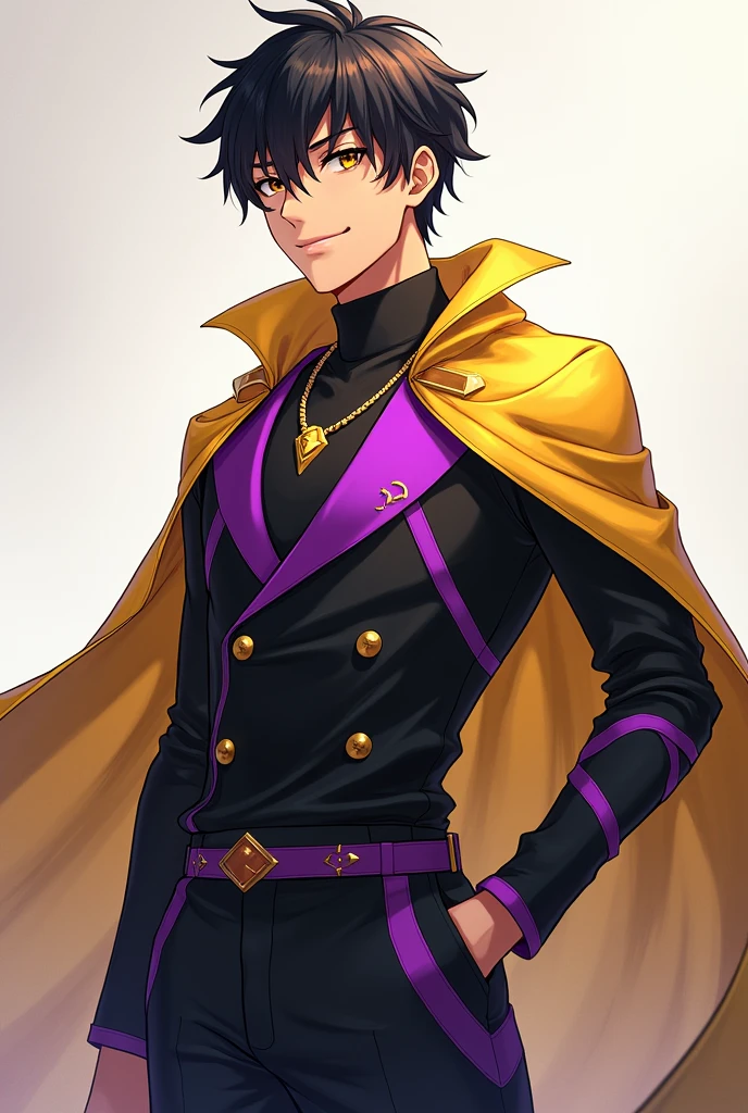 Anime style, 16k, highres, best quality, high quality, super detail, high details, accurate, masterpiece, UHD, 1male, solo, teenager boy, open torso without clothes, Black gloves with lunar emblems on both hands, black shorts with a black belt and a lunar circular emblem in the center of the belt, thick violet eyeslash, thick violet eyebrows, villain pose, dark supervillain, diabolical smile, short violet hair, evil happy look, calming standing, sharp teeth, full body focus, look on viewer, violet pupils,