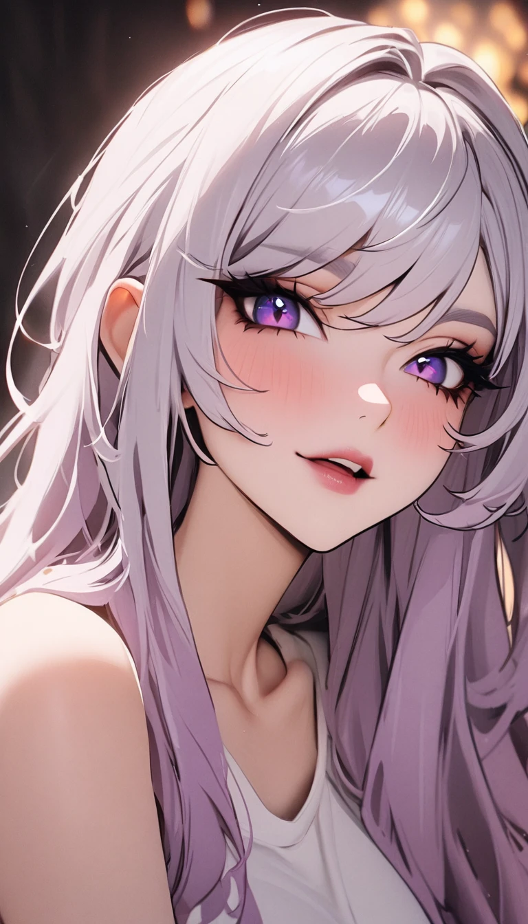 A girl in her late teens with white hair and amethyst eyes wearing a white dress in a hallway as a close up face pic of her