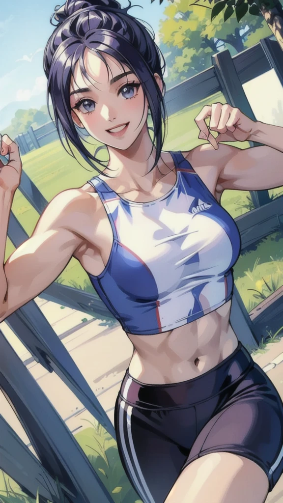 ((masterpiece, Best Quality, Best Quality)),((1 person)),Highly detailed face、Highly detailed eyes、Highly detailed skin、Highly detailed fingers、Highly detailed nose、Highly detailed mouth、Anatomically Perfect Fingers、Anatomically perfect arm、Detailed Background,((A happy smile)),((Sounds fun!)),(Track and field athlete),(Sports Bra),(sexy),(Exposed shoulders),(Summer sunshine),(Dynamic),(露出したAbdominal muscles),(Abdominal muscles),(laughter),(Ground),(Jumping),(jump over),Tight fitting clothing