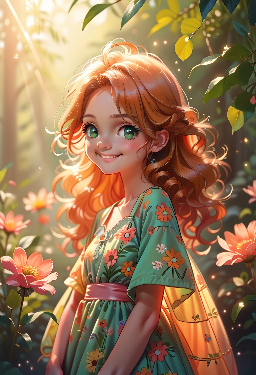 masterpiece portrait of a woman in Montreal at dawn, long hair, cute orange curly hair, smile, green eyes, freckles, floral print, dress, dawn, neon, rays of light, caustic, lens reflection, ((One)), Ishmael_limbo