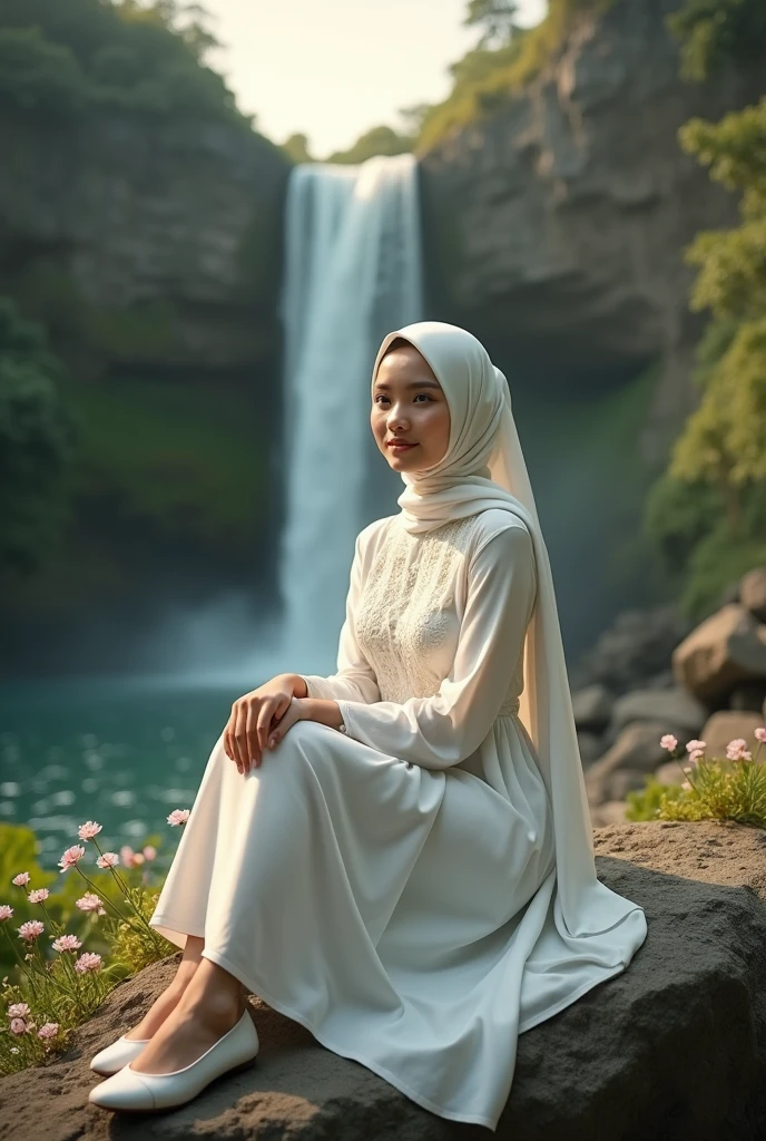 Beautiful Korean girl with white skin. Well-groomed face, sweet smile, sitting on a rock next to the waterfall, surrounded by small red and pink flowers, and rabbits wandering around the flowers, smiling faintly, long red hijab with a combination of pink, red knitted shirt with a combination of pink decorated with cherry motifs , red cropped trousers with pockets, the background is a waterfall surrounded by cliffs covered with green moss and vast mountains. and beautiful flowers.. , original and realistic photos
