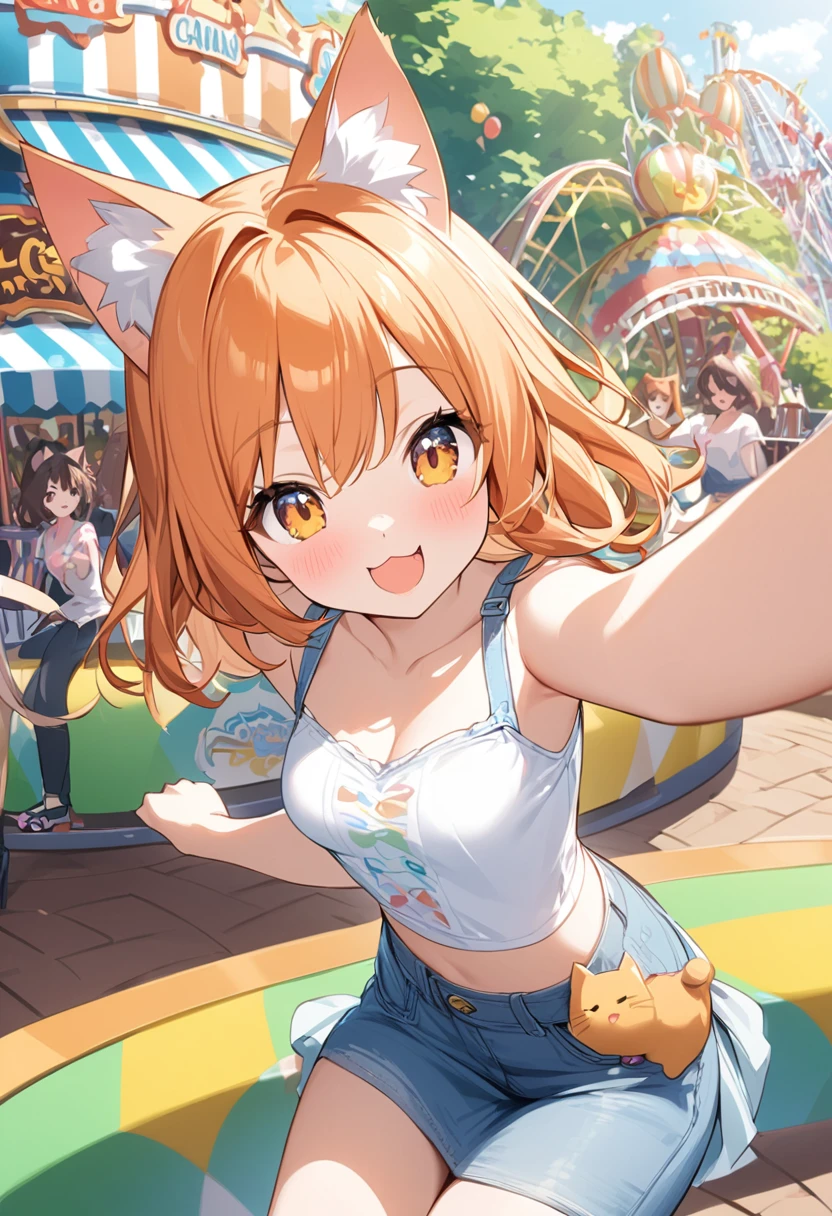 Young girl、Very cute、small、Firm breasts、Denim skirt、Orange Hair、High quality backgrounds、amusement park、Cheerful attitude、Cat ears、Cat&#39;s tail、An innocent smile、Chubby old man、Patting the head