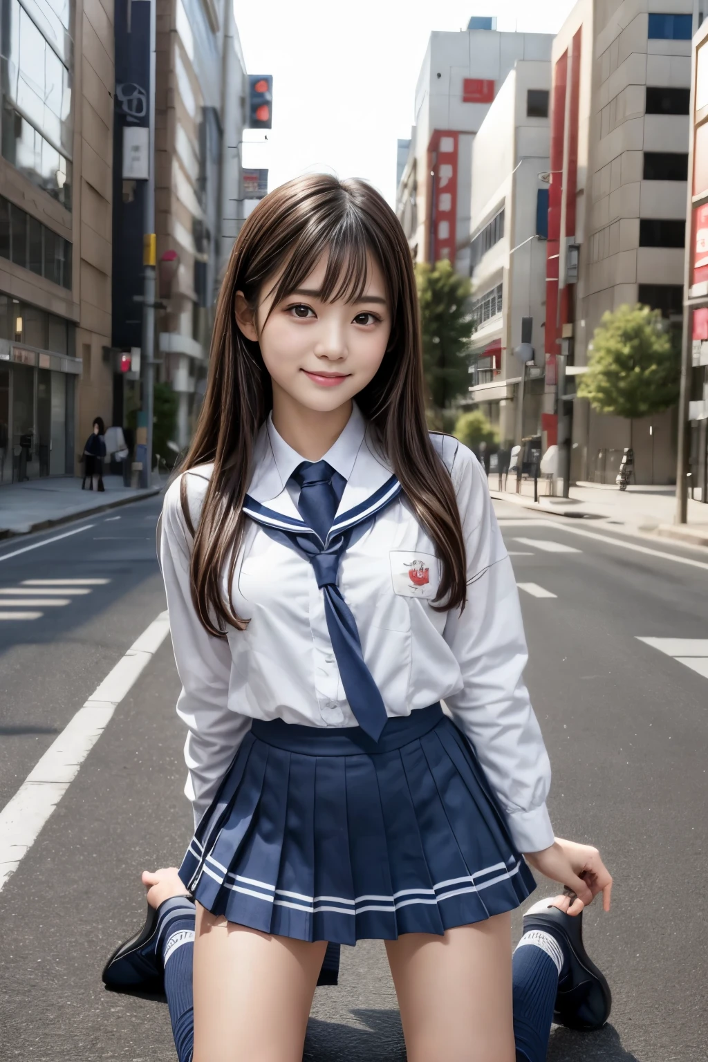 (Masterpiece、High image quality、high quality),(Japanese women、High school girls、)、Slim and beautiful figure, sexy, (Accurate anatomy,Beautiful body)、, Put your hands forward from both feet, Place both feet inside the loop, Quite embarrassing, Beautiful legs, Tight Skirt, 90 degree knee, Heel to the ground, Hands in front of feet, Hold my feet, Kneel, paved, RAW Photos, In 8K, 最high quality, Ultra-high resolution, Beautiful face details, Real human skin, Gentle expression, Front View, Angle from below, Long Hair, Realistic, Realistic, cute, Short skirt, Lurking deep in the city, cute女子高生, (Japanese school girl uniform, Wearing a Japanese uniform), smile, Surreal school girl, Full Body Esbian,