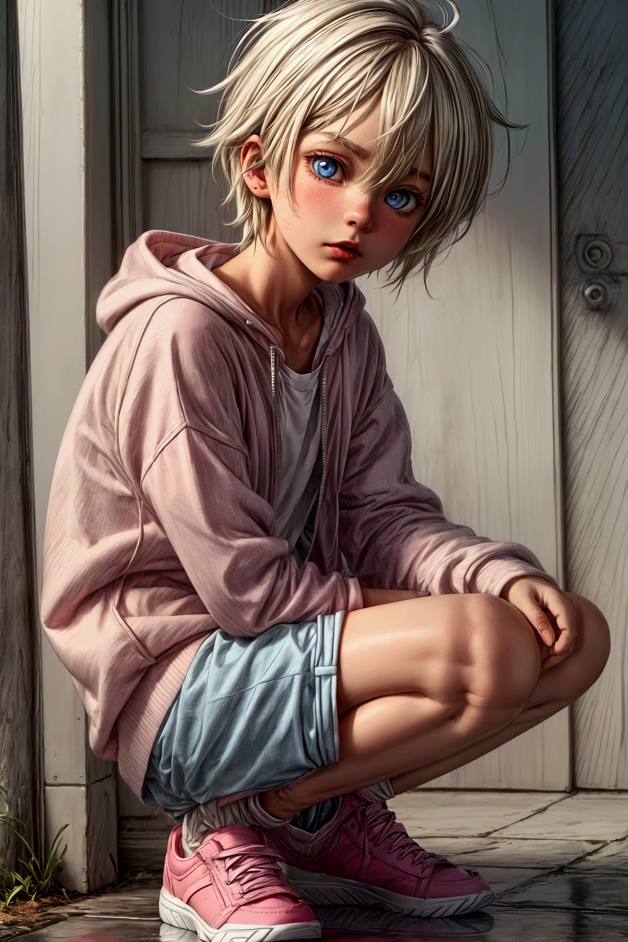 Anime style, Highres, Masterpiece, Best quality at best, Best Quality, hight quality, hight detailed, 1boy, (), boy, blonde boy, blond Hair, perfect boy body, cute boy, detailed light blue eyes, detailed eyes, short hair, messy hair, pastel rainbow inner hair color mesh, Neutral Facial Features, crouching down, front view, wears a open zipper pink hoodie, silver necklace with a pastel pink heart, boy chest, detailed too very short mini blue jean shorts, beautiful long legs, white socks,multicoloured sport sneakers, rainy afternoon on the street, highest quality,