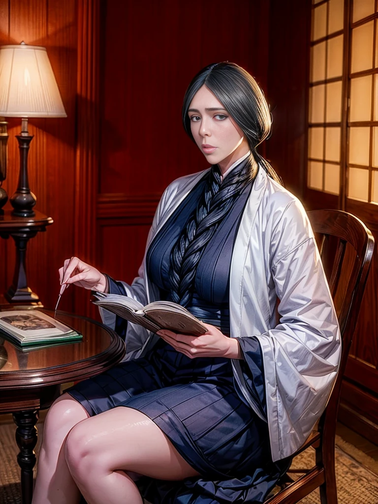 (((unohana))) , detailed hair，single ponytail , detailed eyes , detailed face  , 32K , sitting on a chair , looking at the audience , close face , face focus