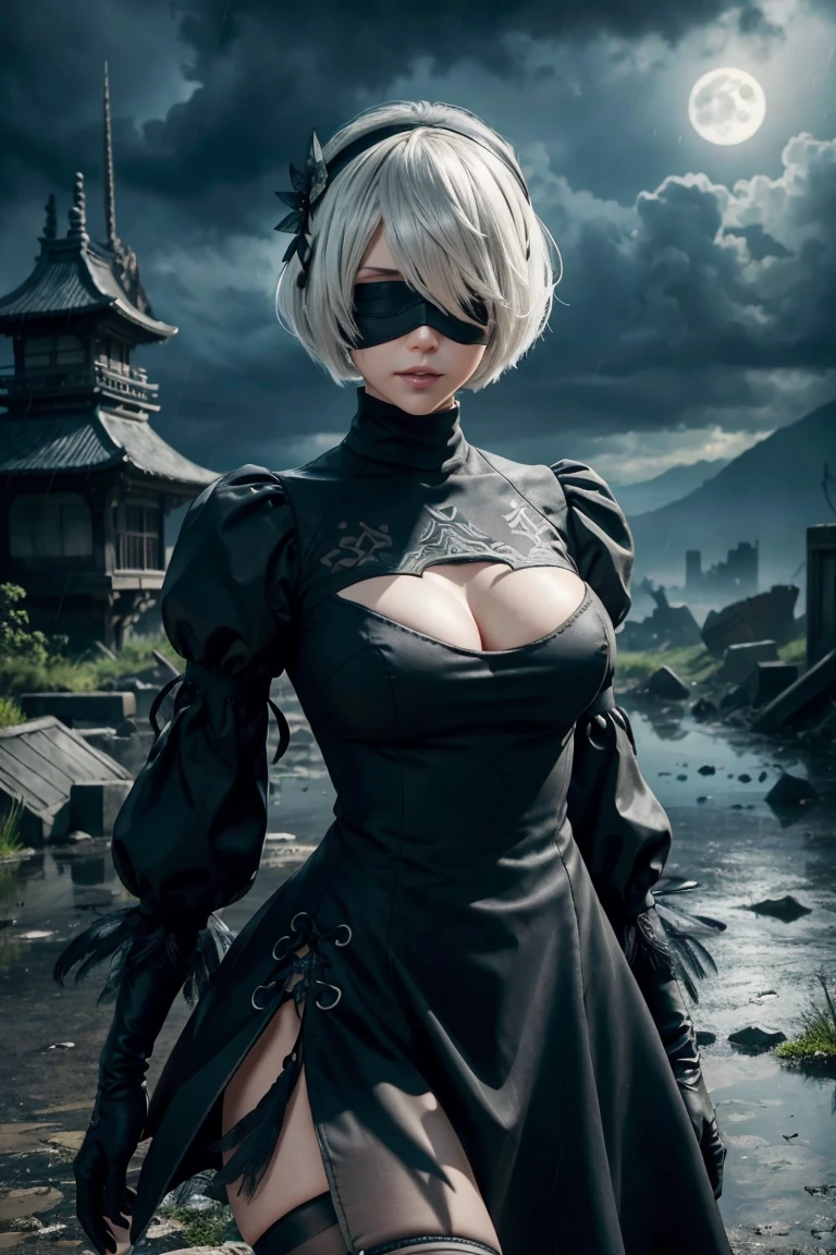 2B Nier Automata,Bobcut, Gray Hair,Long sleeve, Juliet Sleeve, White gloves, turtleneck, bangs, Feather ornament, Feather ornament sleeves, Blindfold, Black Goth Dress,Japanese Ultra HD,super high quality,masterpiece,Digital SLR,Photorealistic,Detailed details,Vivid details,Depicted in detail,A detailed face,Detailed details,Super Detail,Realistic skin texture,Anatomical basis,Perfect Anatomy,Anatomically correct hand,Anatomically correct fingers,Complex 3D rendering,Sexy pose,Rainy Sky,Beautiful scenery,Fantastic rainy sky,Fantasy worldview,Beautiful night sky,moonlight,Beautiful night skyの月,Picturesque,Pink Lips,Black butterfly々Fluttering,A ruined world,A devastated battlefield,ruins,