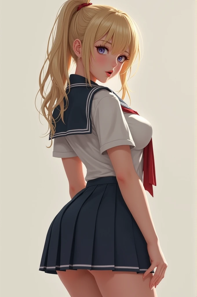 best quality, highres, and18, 1girl, android 18, solo, blonde hair, blue eyes, short hair, earrings, jewelry, medium breasts, <lora:android_18_v110:0.5>, cowboy shot, street, (school uniform:1.2), off-the-shoulder, sunset,