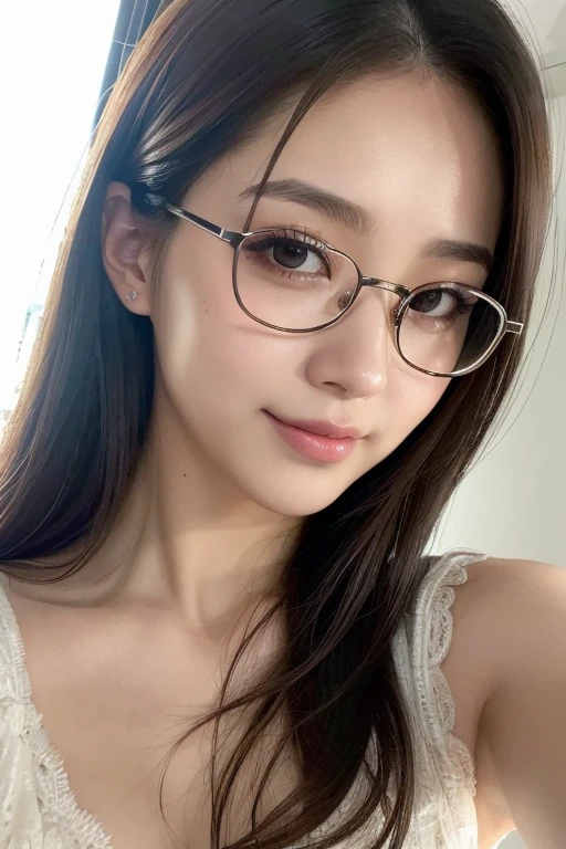 ((masterpiece, Best Quality, Illustration, Ultra-detailed, finely detail, hight resolution, 32K Wallpaper, Perfect dynamic composition,)), Japanese cute mature,incredibly detailed face, incredibly detailed beautiful and small downtuned cut eyes,(wide and thin lips),upward glance,glasses,tall hooked nose,(wide oval face shape),(Natural looking makeup),,bed,dusky room,moody lights,(unkempt lob hair),white loungewear,((selfie)),(smile),((Realistic)), ((photo Realistic)),